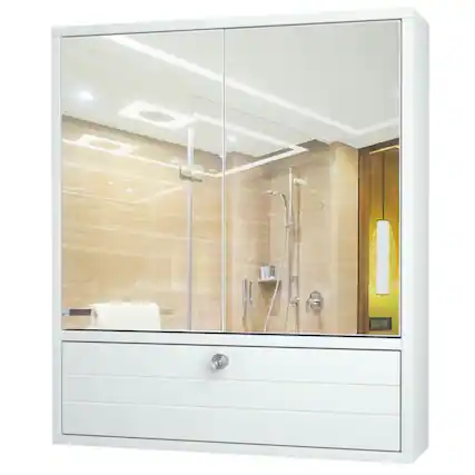 Front. Pefilos - Double Door Wall-Mounted Bathroom Mirrored Medicine Cabinet-White, Bathroom Cabinet for Bathroom Laundry Room Kitchen - White.