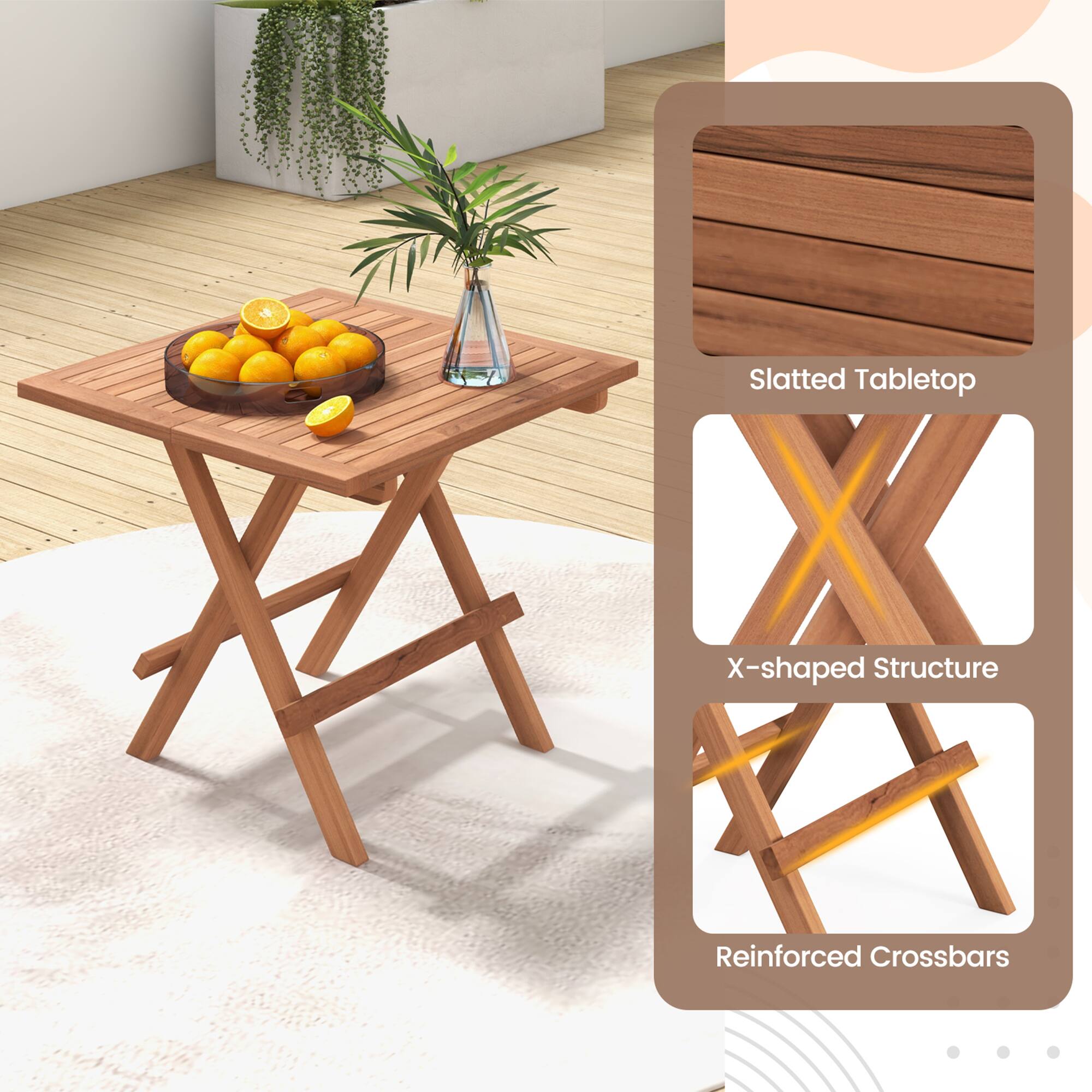 Slatted Tabletop  
X-shaped Structure  
Reinforced Crossbars