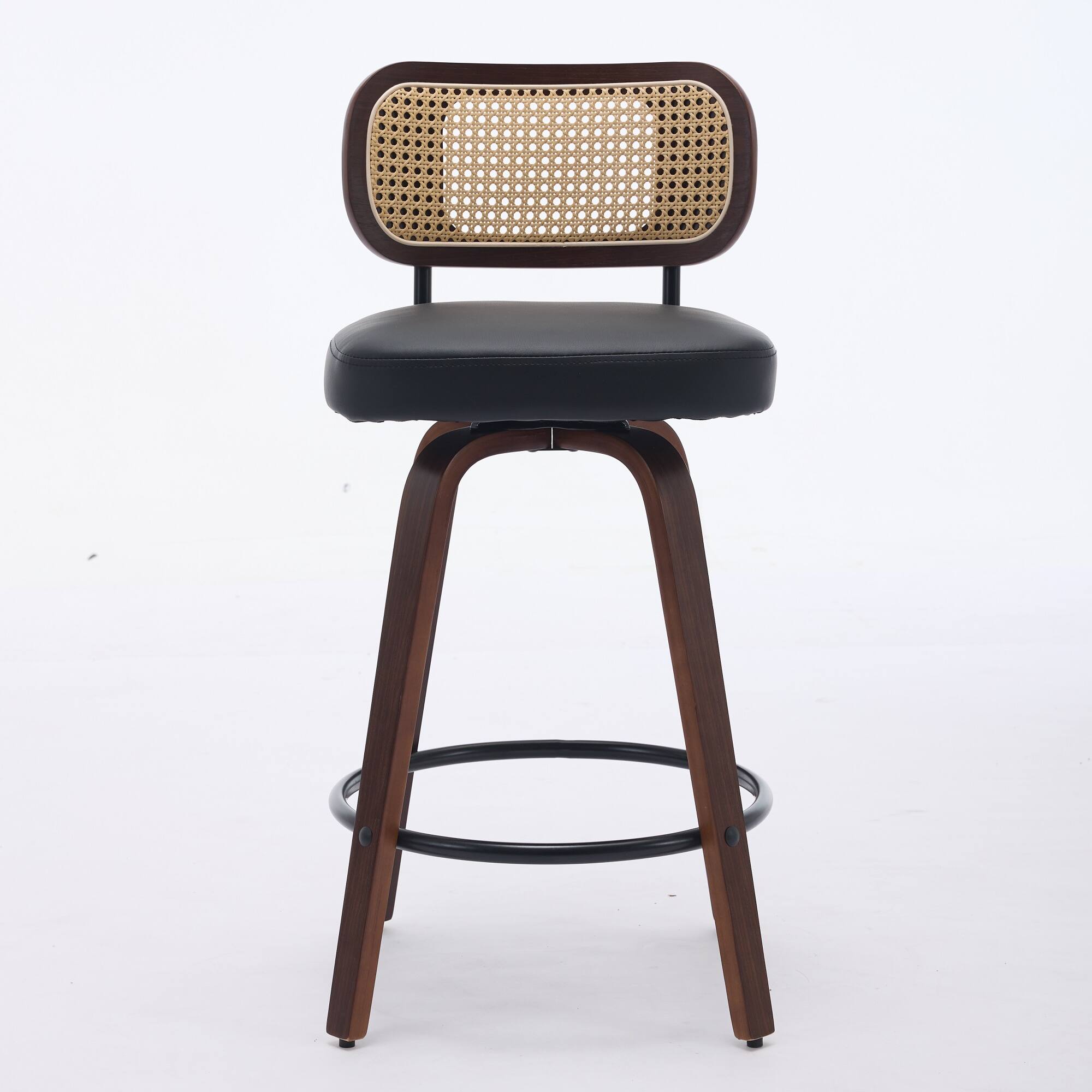 Angle. APRILSOUL - Set of 3 Counter Height Bar Stools 26 inch Rattan Cane Back Upholstered Seat Walnut Black Swivel - Black.