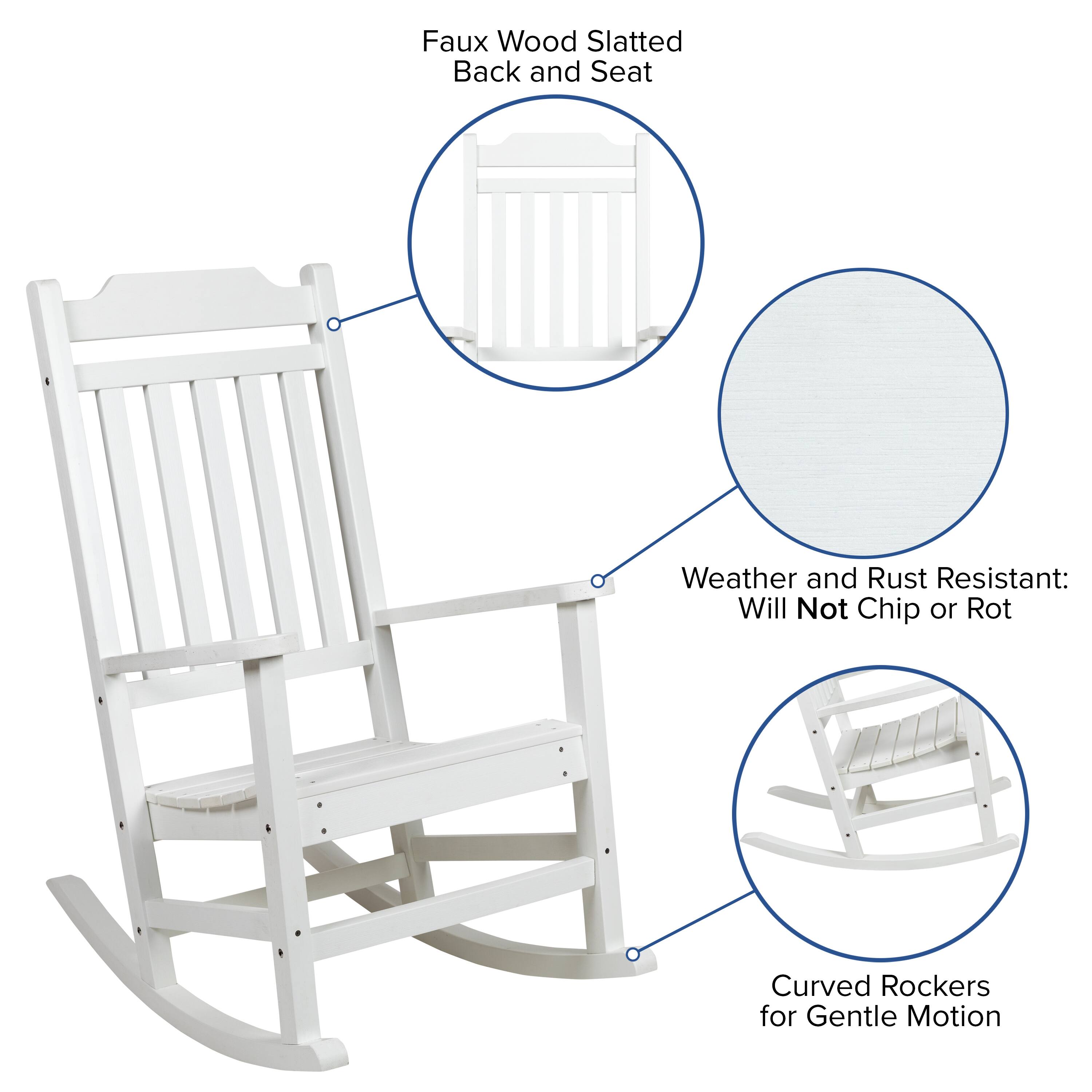 Faux Wood Slatted Back and Seat  
Weather and Rust Resistant: Will Not Chip or Rot  
Curved Rockers for Gentle Motion