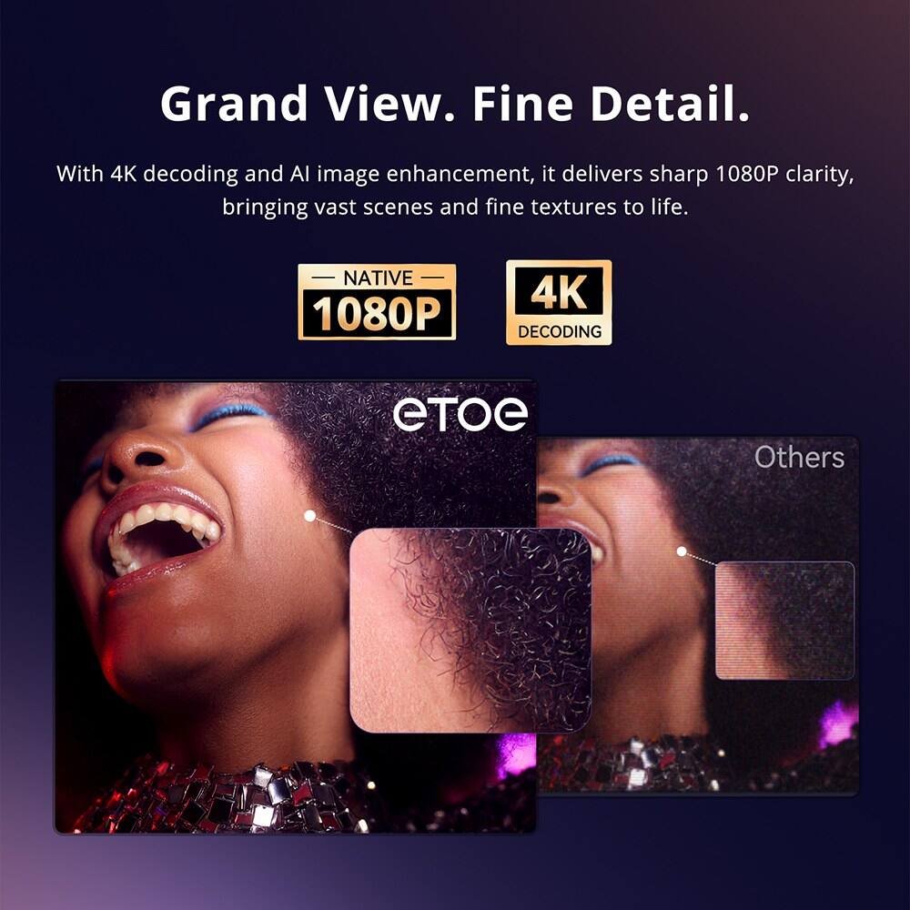 Grand View. Fine Detail.  
With 4K decoding and AI image enhancement, it delivers sharp 1080P clarity, bringing vast scenes and fine textures to life.  
NATIVE 1080P  
4K DECODING