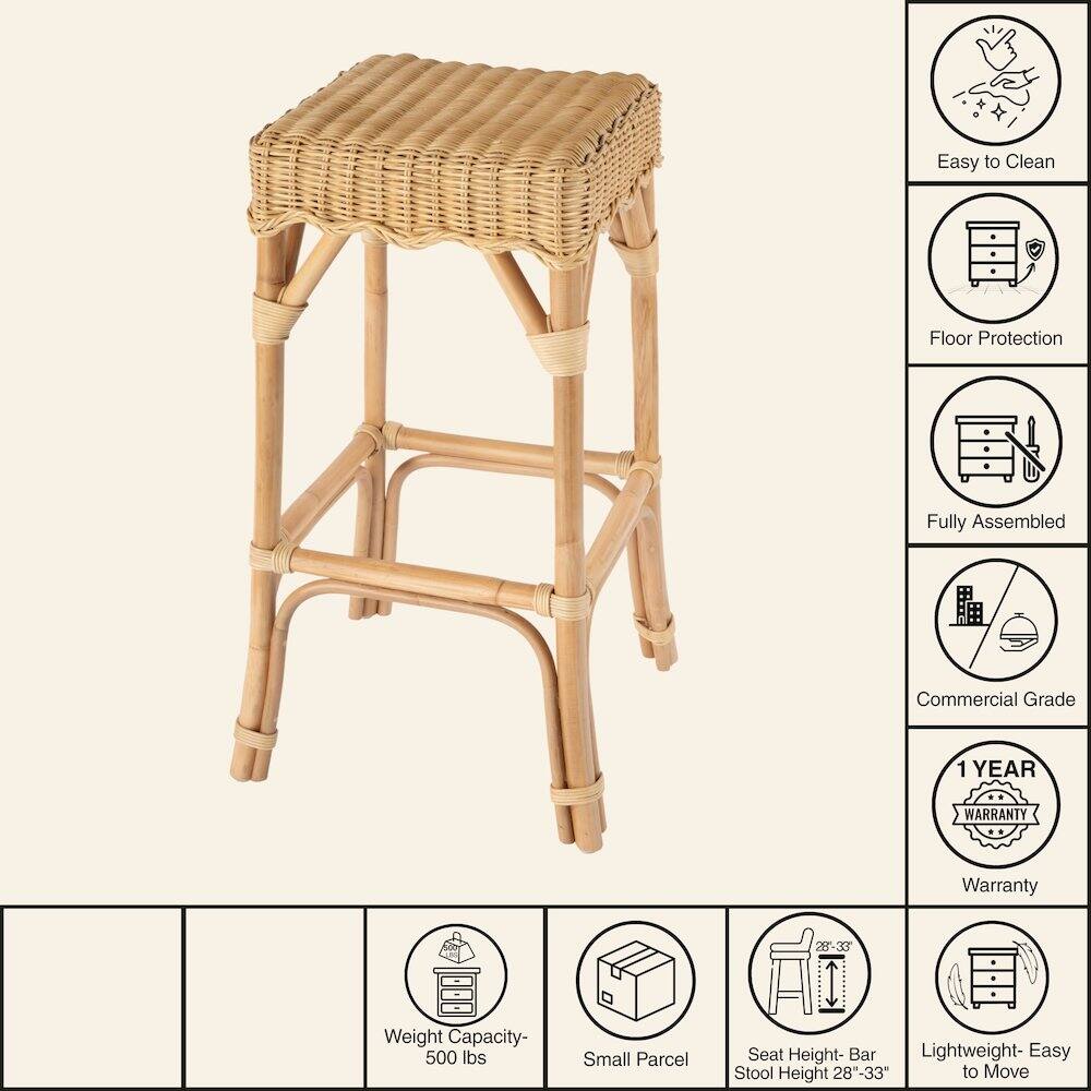 Easy to Clean  
Floor Protection  
Fully Assembled  
Commercial Grade  
1 YEAR WARRANTY  
Weight Capacity- 500 lbs  
Small Parcel  
Seat Height- Bar Stool Height 28"-33"  
Lightweight- Easy to Move