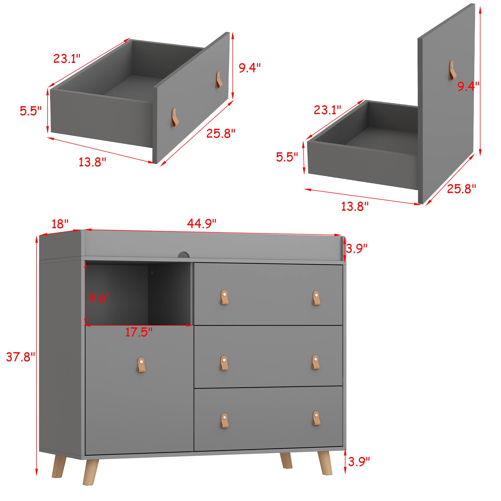 The text can be grouped as follows:

- Drawer dimensions: 23.1", 9.4", 5.5", 23.1", 25.8", 13.8", 5.5"
- Cabinet dimensions: 18", 44.9", 13.8", 25.8"
- Leg dimensions: 3.9", 3.9"
- Shelf dimensions: 9.6", 17.5"
- Overall cabinet height: 37.8"