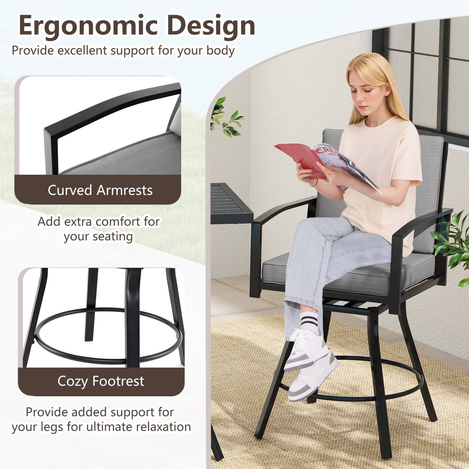 Ergonomic Design  
Provide excellent support for your body

Curved Armrests  
Add extra comfort for your seating

Cozy Footrest  
Provide added support for your legs for ultimate relaxation