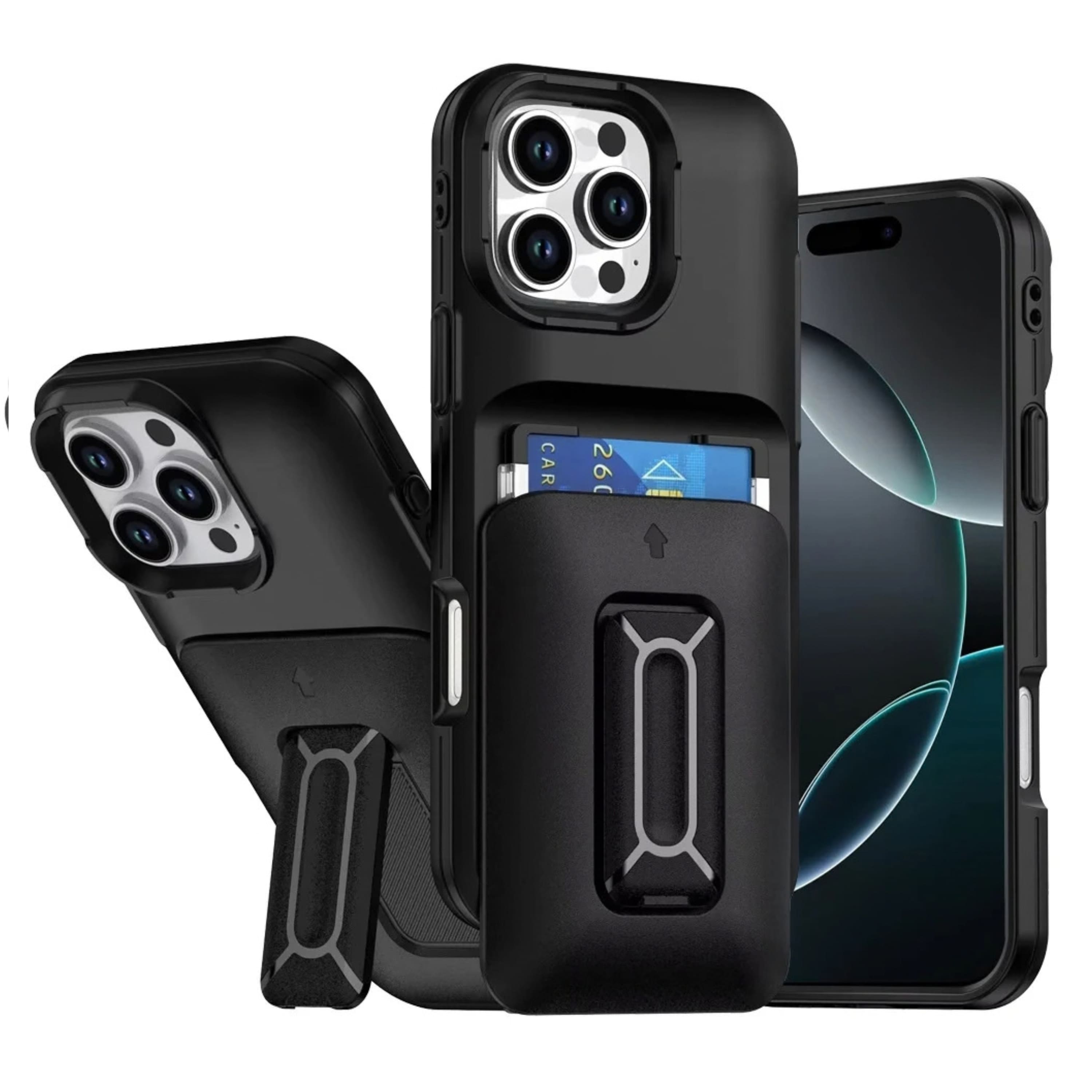 Kitcheniva - Sliding Card Holder Kickstand Phone Case With Strap And Tempered Glass For iPhone 16 Pro Max - Black