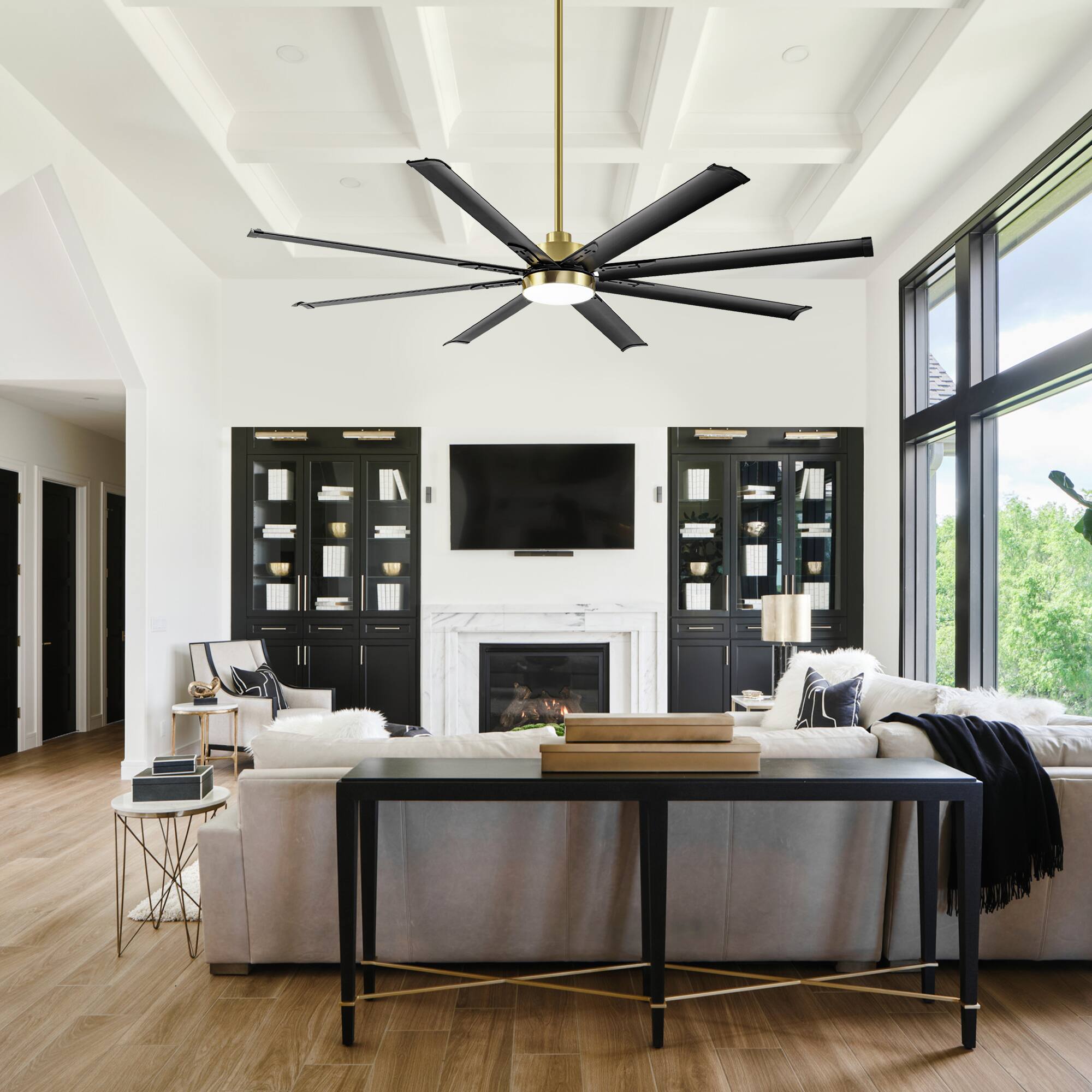 Back. Breezary - 72-In Large Ceiling Fan with 8 Aluminum Blades, DC Motor, 6-Speed Remote with Timer, 2 Downrods, Light/No Light Option - Gold and Black (With Light).