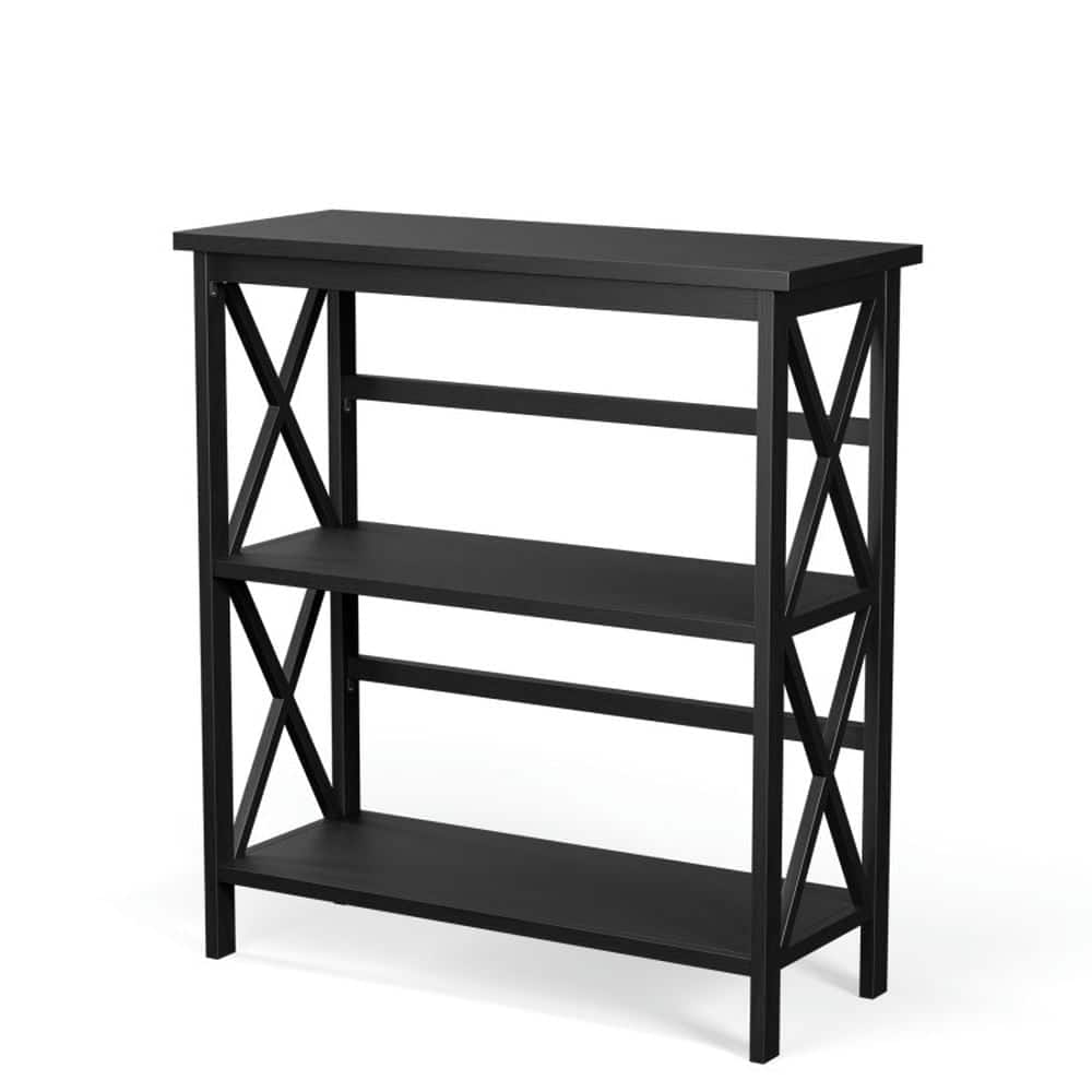 Kadyn - Open Book Shelf,Storage Shelf Unit Plant Stand,3-Tier Wooden Multi-Functional X-Design Etagere Storage Bookshelf - Black