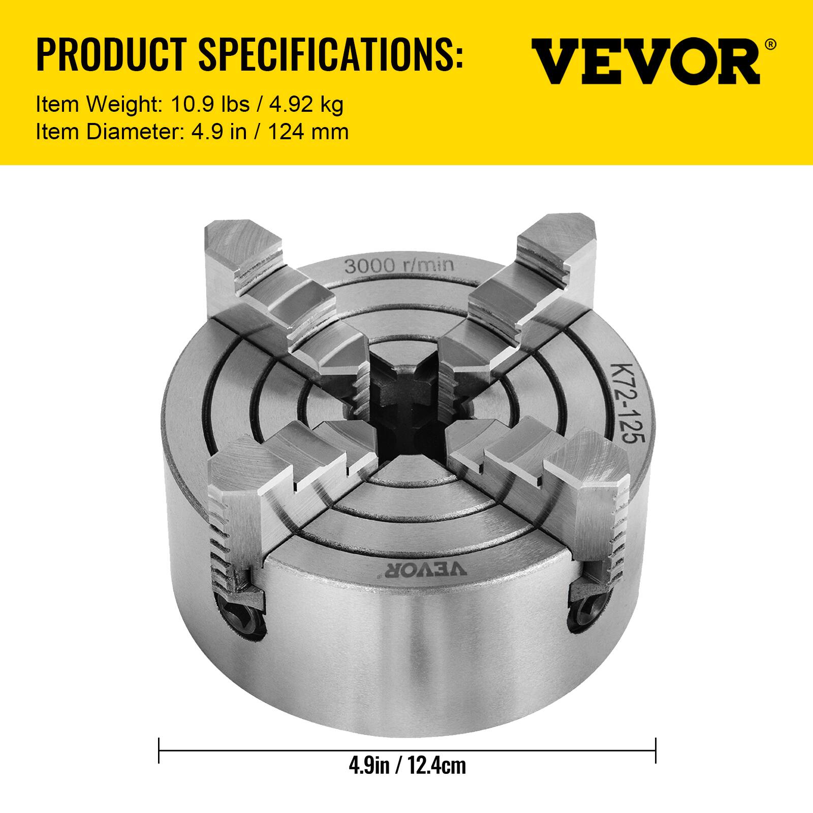 PRODUCT SPECIFICATIONS:  
Item Weight: 10.9 lbs / 4.92 kg  
Item Diameter: 4.9 in / 124 mm  

3000 r/min  
K72-125  

VEVOR  
4.9 in / 12.4 cm