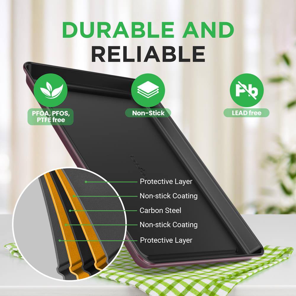 DURABLE AND RELIABLE

- PFOA, PFOS, PTFE free
- Non-Stick
- LEAD free

Protective Layer  
Non-stick Coating  
Carbon Steel  
Non-stick Coating  
Protective Layer