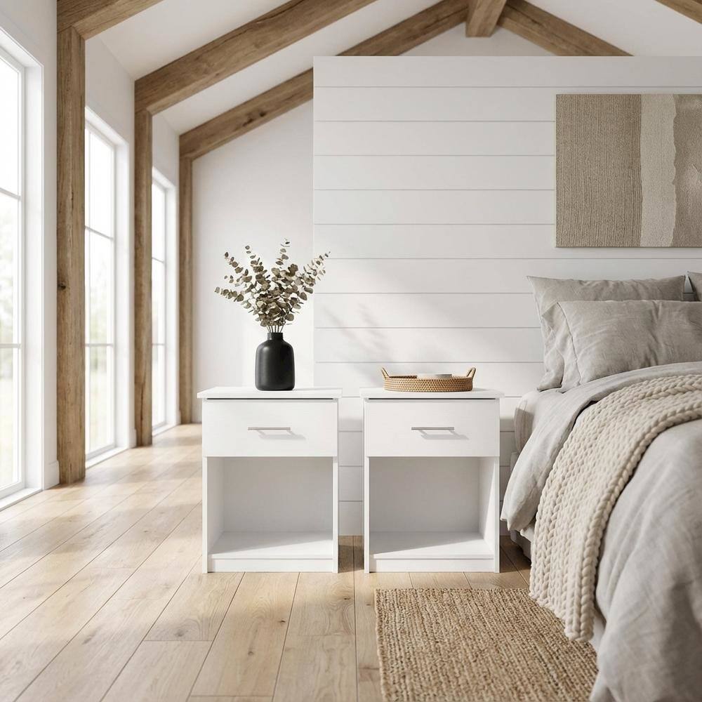 Left. FurniFact - Solid White Nightstand Set, Handle, Drawer, Contemporary Bedroom Furniture - Solid White.