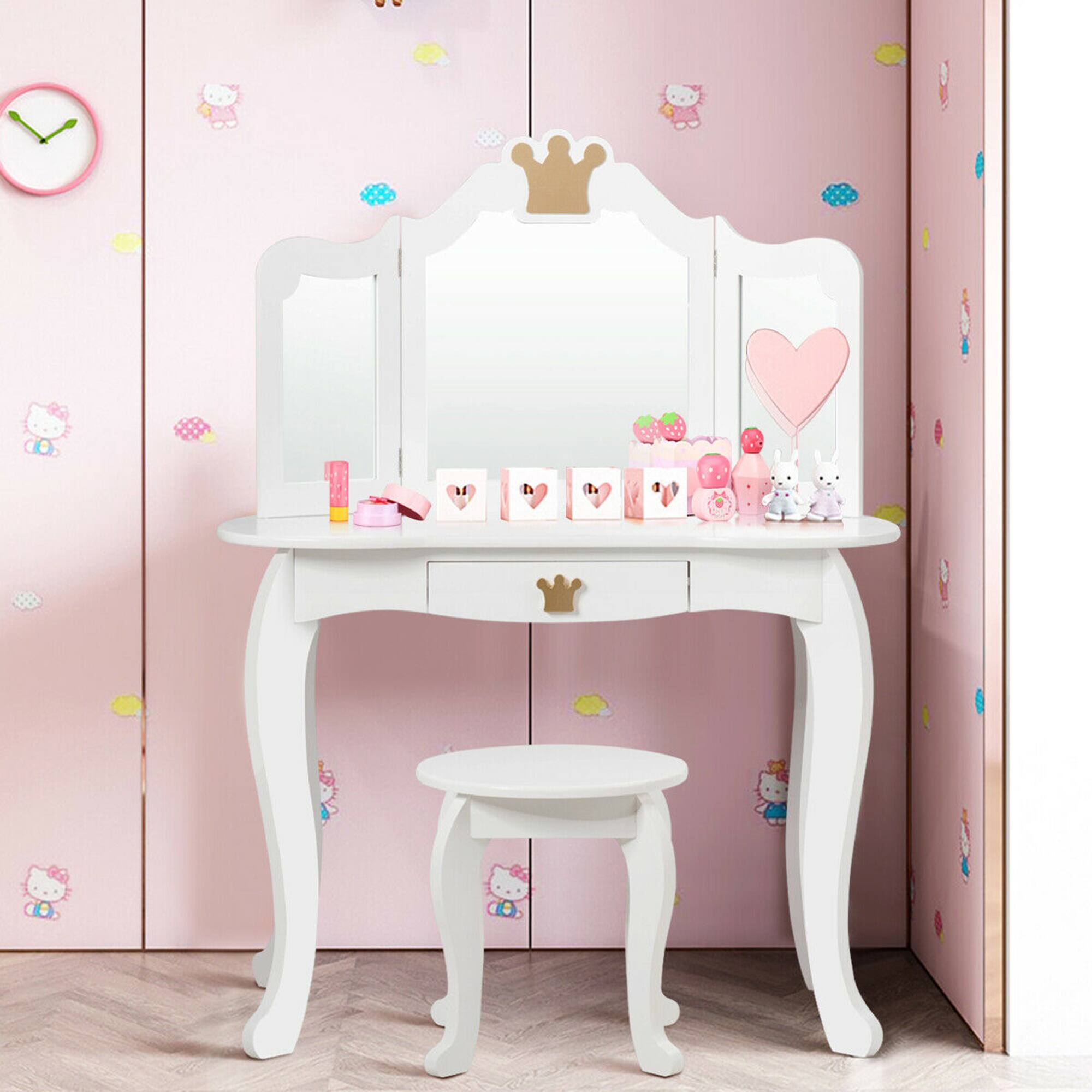 Alt View 3. Costway - Costway Kids Makeup Dressing Table Chair Set Princess Vanity & Tri-folding Mirror - White.