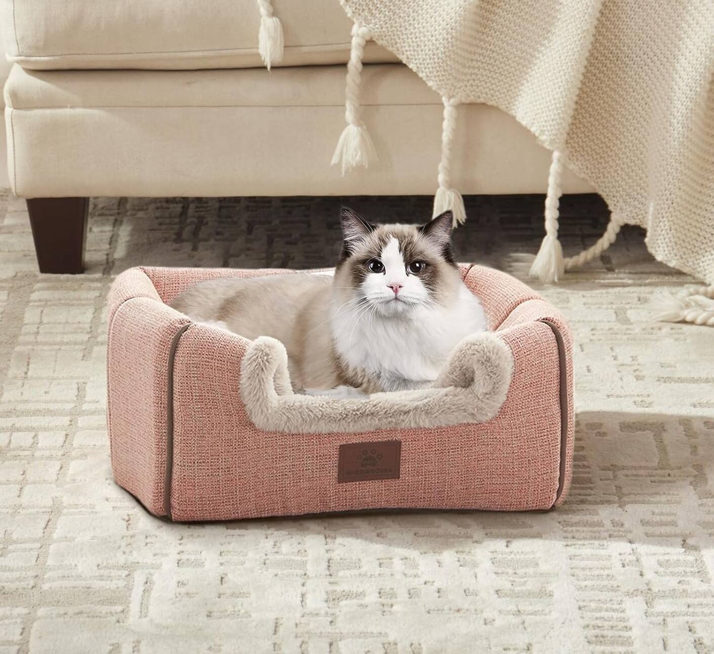 Alt View 3. FINEAK - Soft Indoor Pet Beds with Removable Washable Cushion - Pink.
