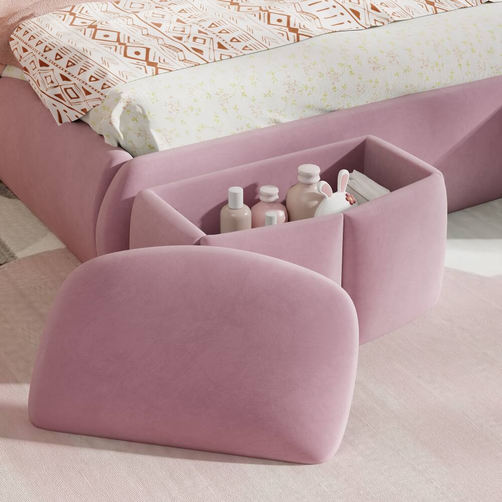 Alt View 4. Loheer - Loheer Full Size Platform Bed Pink Upholstered Cartoon Ears Headboard Kids Velvet Bed with LED Light - Pink.