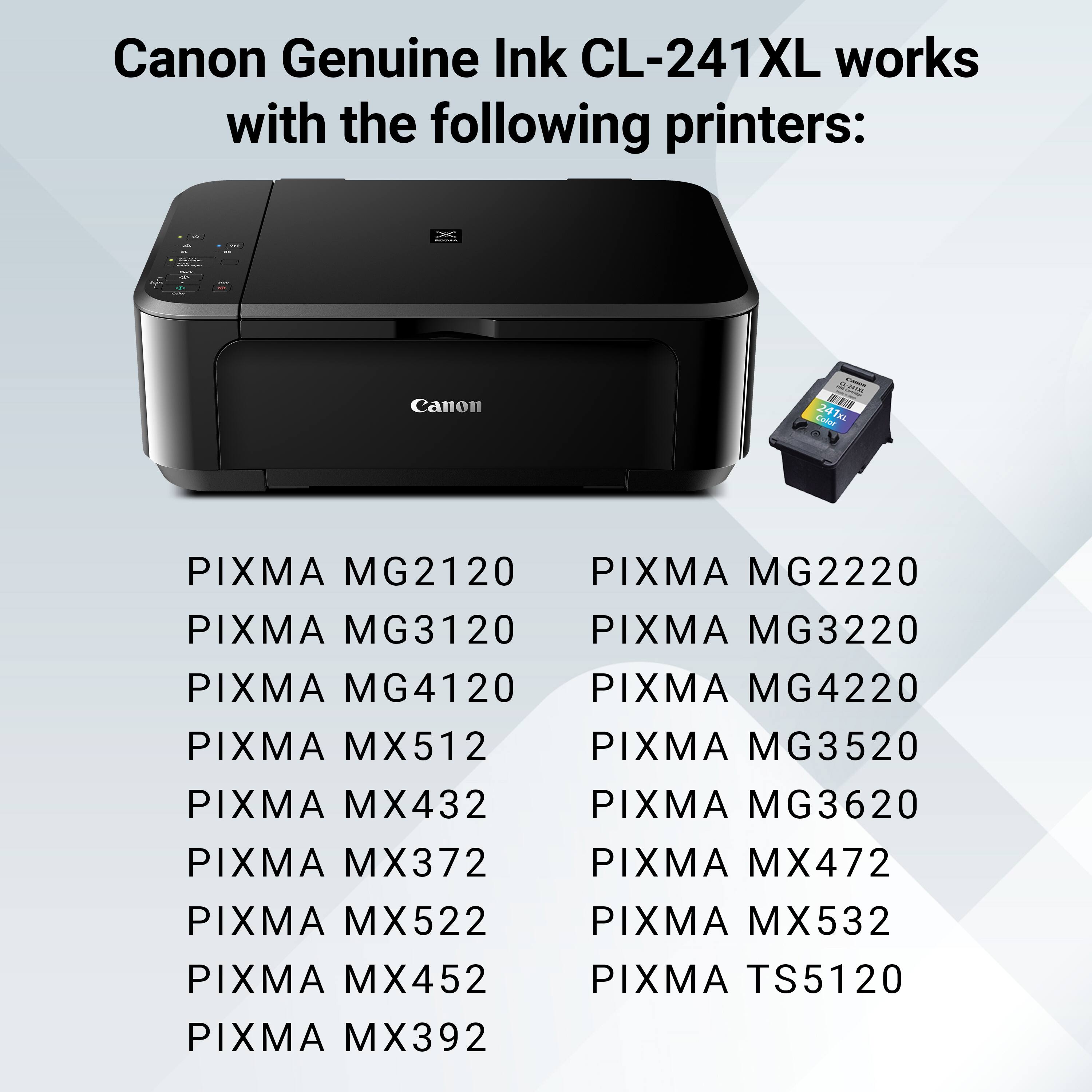 Canon Genuine Ink CL-241XL works with the following printers:

- PIXMA MG2120
- PIXMA MG2220
- PIXMA MG3120
- PIXMA MG3220
- PIXMA MG4120
- PIXMA MG4220
- PIXMA MX512
- PIXMA MG3520
- PIXMA MX432
- PIXMA MX372
- PIXMA MX472
- PIXMA MX522
- PIXMA MX532
- PIXMA MX452
- PIXMA TS5120
- PIXMA MX392