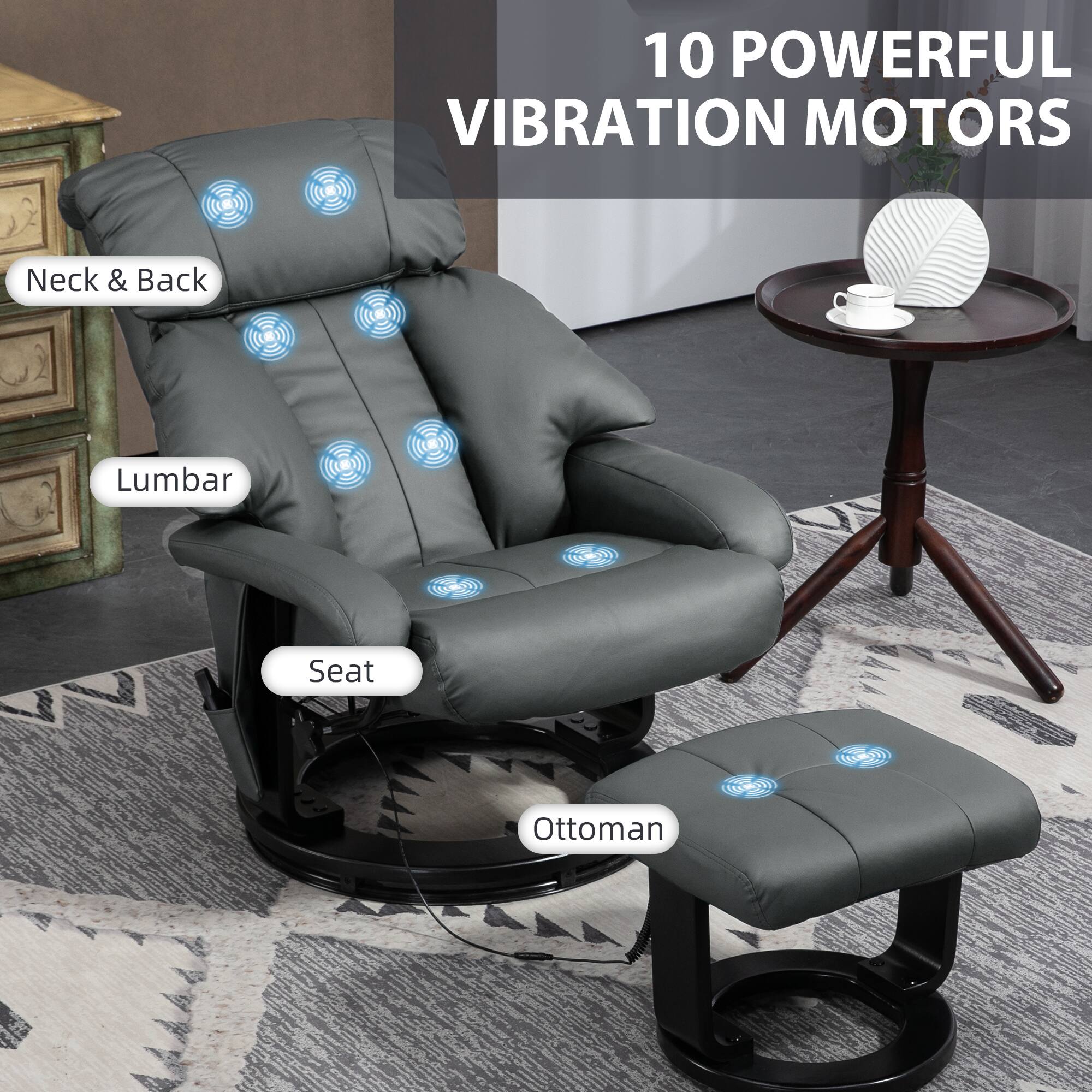 10 POWERFUL VIBRATION MOTORS

Neck & Back  
Lumbar  
Seat  
Ottoman