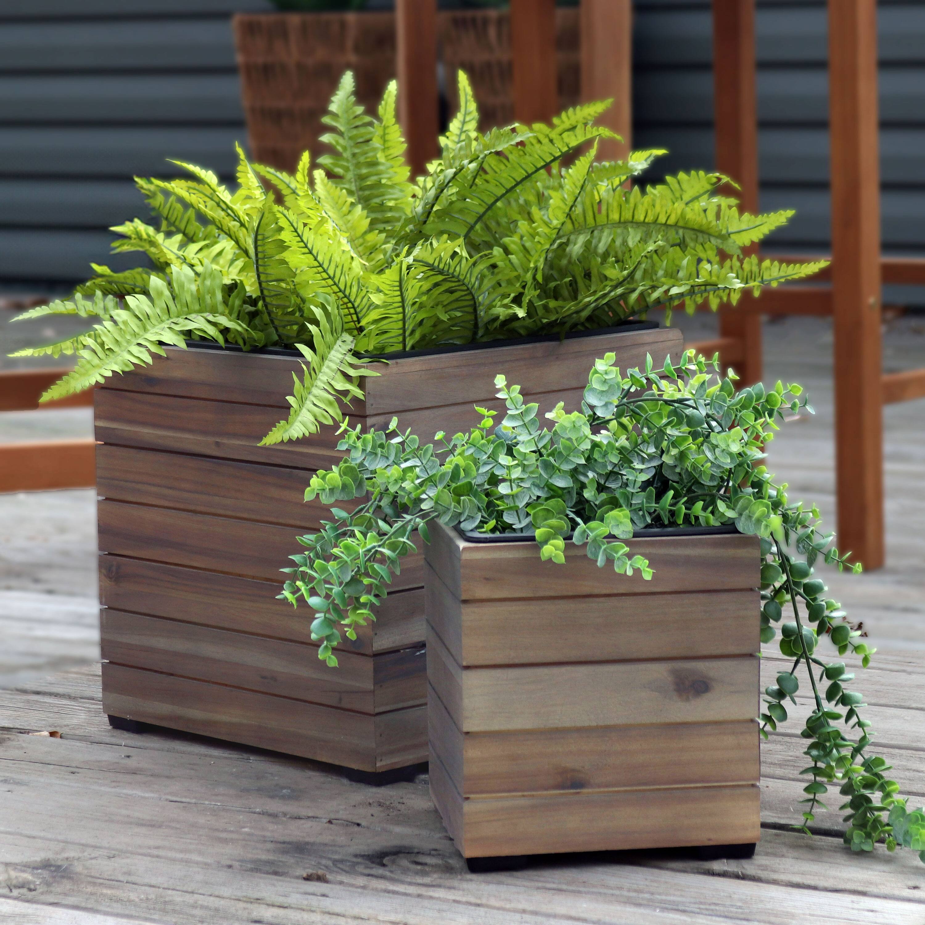 Alt View 1. Sunnydaze - 2-Piece Square Wood Planter Box with Liner - Anthracite Stain.
