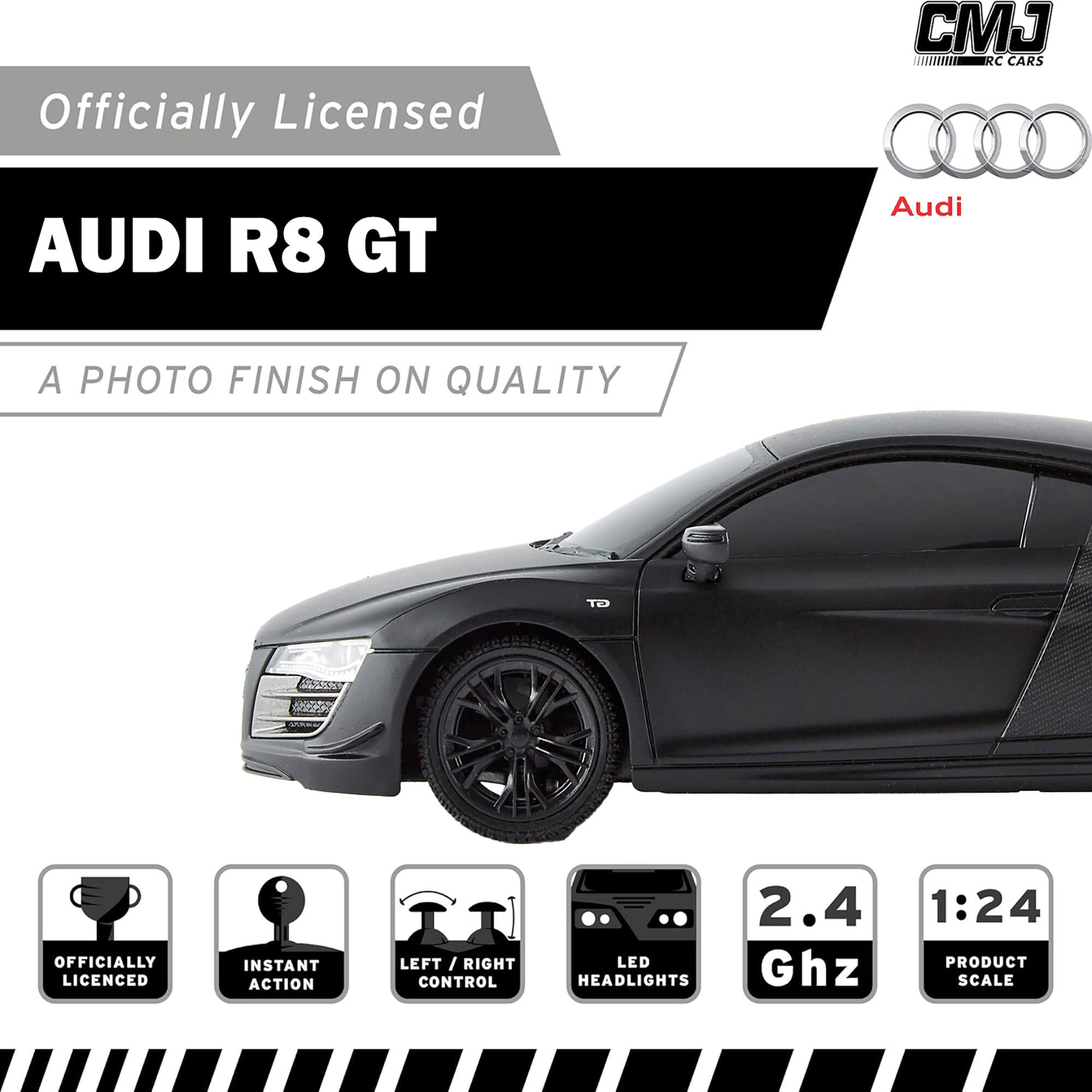 Officially Licensed CJ RC Cars Audi R8 GT. A photo finish on quality. Instant Action Left/Right FT/R GT. 2.4 Ghz 1:24 Product Scale.