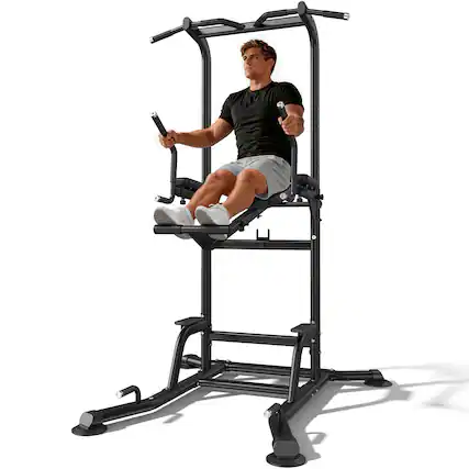 Front. FED Fitness - Heavy Duty Power Tower with Assisted Leg Raise, Multi-Function Pull Up Bar & Dip Station for Core and Ab Training - Black.