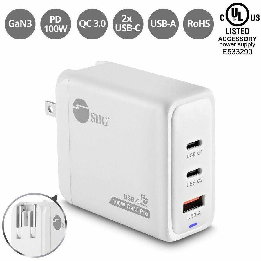 - GaN3
- PD 100W
- QC 3.0
- 2x USB-C
- USB-A
- RoHS
- UL Listed Accessory Power Supply E533290
- USB-C1
- USB-C2
- USB-A
- 100W GaN3 Pro USB-C Charger