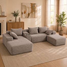 Anysun - Corduroy U-Shaped Modular Segmented Sofa – Large Sitting Depth Convertible, Cup Holders & Storage, Left-Facing Chaise - Coffee