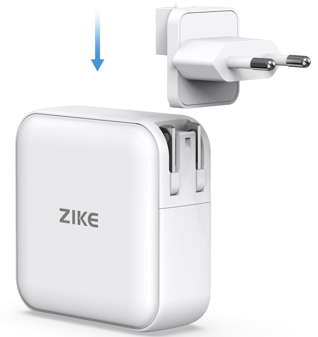Angle. Zike - Z850 140W GaN 3-Port Universal Travel Adapter with 3 USB-C Ports, Wall Charger for US/EU/UK, iPhone, Samsung, Tablets - White.