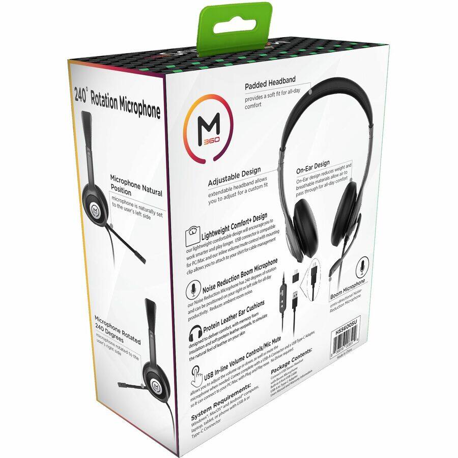 240° Rotation Microphone

Microphone Natural Position  
Microphone is naturally set to the user's left side

Adjustable Design  
Extendable headband allows you to adjust for a custom fit

Lightweight Comfort+ Design  
Our lightweight and comfortable design encourages you to wear it for all-day comfort

Noise Reduction Boom Microphone  
Our Noise Reduction Boom Microphone allows you to position the microphone to reduce ambient noise and increase productivity

USB In-line Volume Controls/Mute  
Allows you to control the volume up or down, play/pause, and mute the microphone

System Requirements:  
Windows, Mac OS, or Linux

Padded Headband  
Provides a soft fit for all-day comfort

On-Ear Design  
On-Ear design reduces weight and allows breathable air to pass through for all-day comfort

USB 3.5mm Connector

Package Contents:  
- Headset  
- USB Cable  
- User Manual

HS5600SU