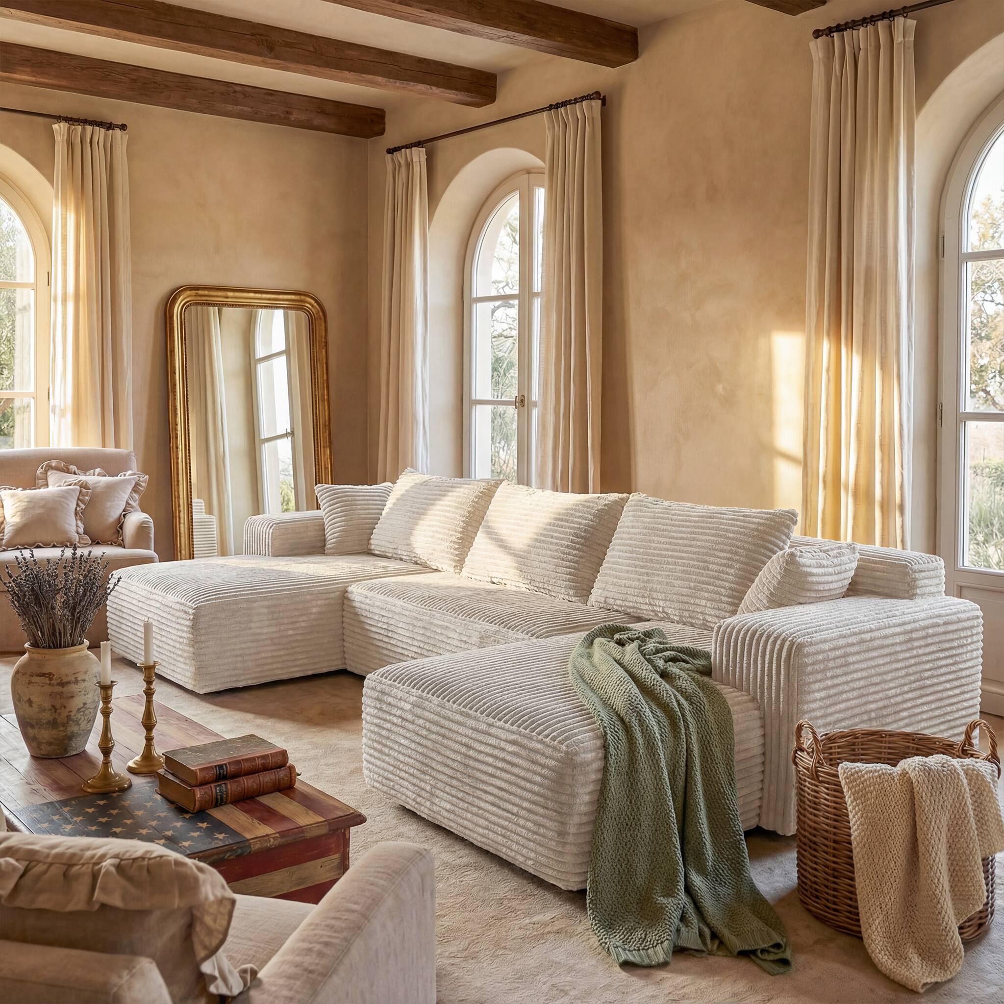 Alt View 6. FUFU & GAGA - Beige Modular Plush Velvet Sectional Sofa with Chaise, Soft High-Density Foam, Pet-Friendly Living Room Couch - White.