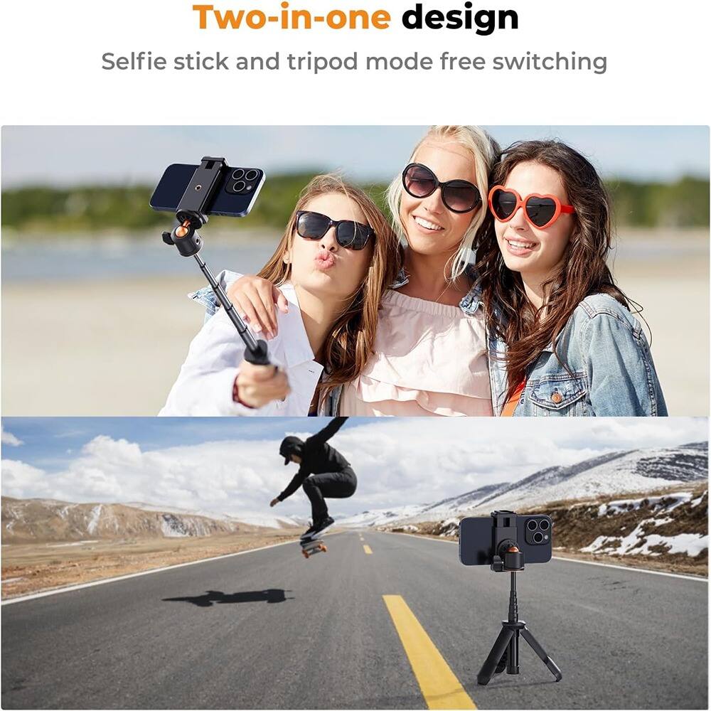 Two-in-one design  
Selfie stick and tripod mode free switching