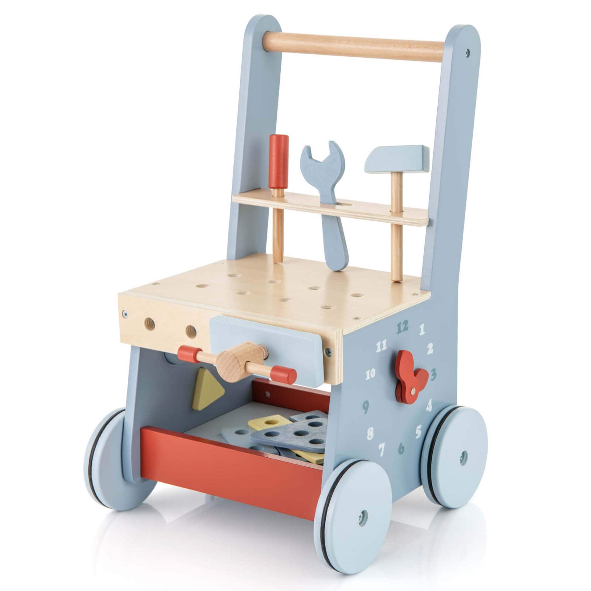 Front. Costway - Costway 2-in-1 Wooden Baby Push Walker with Multi-Activity Center & Bottom Storage Toys - Blue.