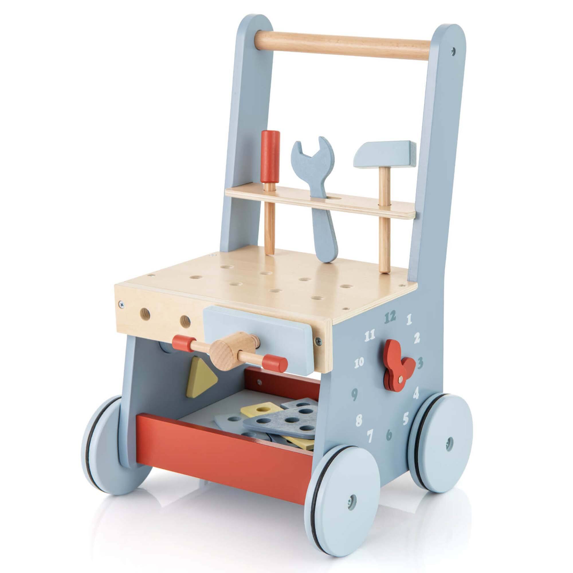 Costway - 2-in-1 Wooden Baby Push Walker with Multi-Activity Center & Bottom Storage Toys - Blue