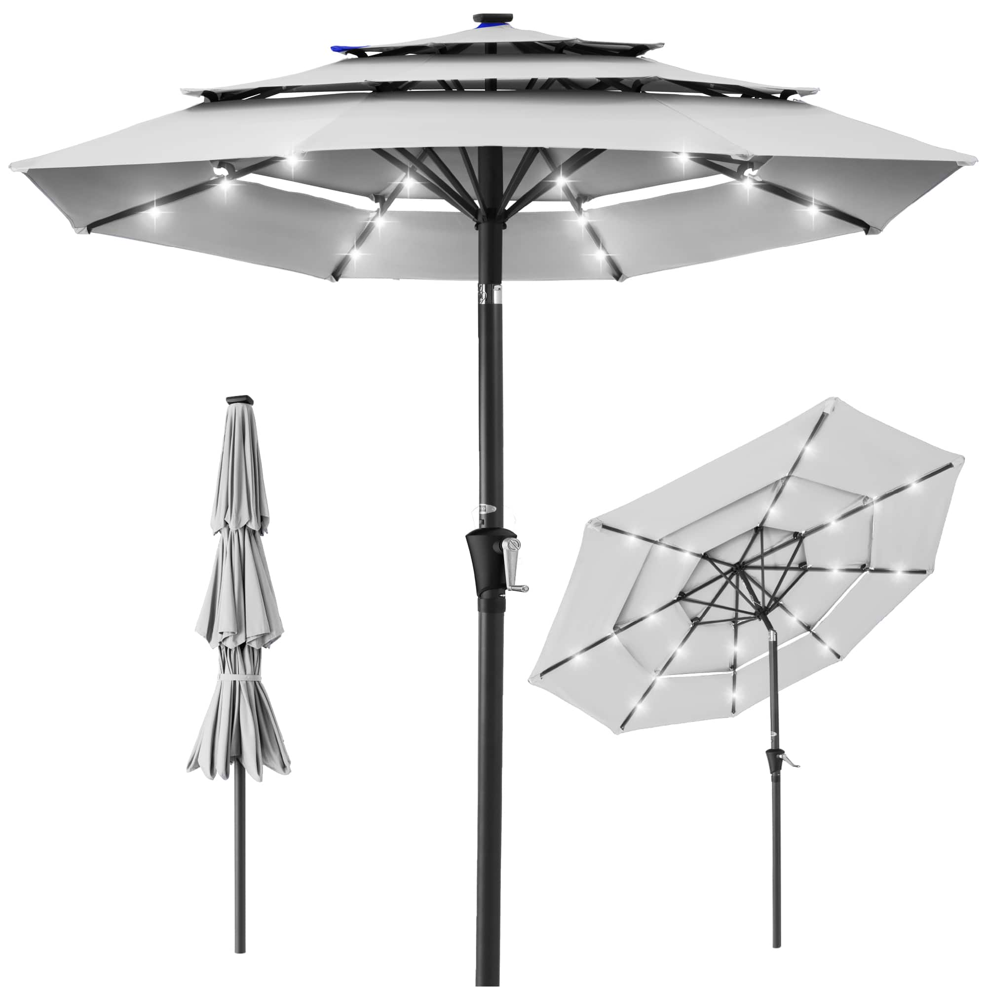 Front. Best Choice Products - Best Choice Products 10ft 3-Tier Solar Patio Umbrella w/ 24 LED Lights, Tilt Adjustment, Easy Crank - Fog Gray - Fog Gray.