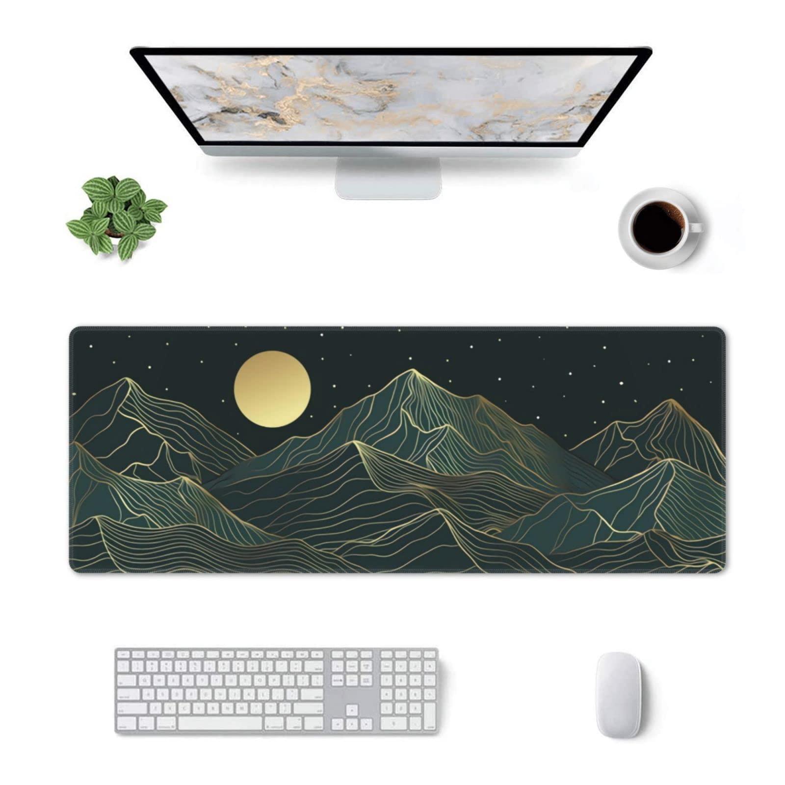 Alt View 4. Reds Spade - Golden Mountain Line Moon Landscape Gaming Mouse Pad Extended Mousepad With Nonslip Rubber Base Stitched Edges - Japanese Black White Cherry Blossom-31.5" x 11.8".