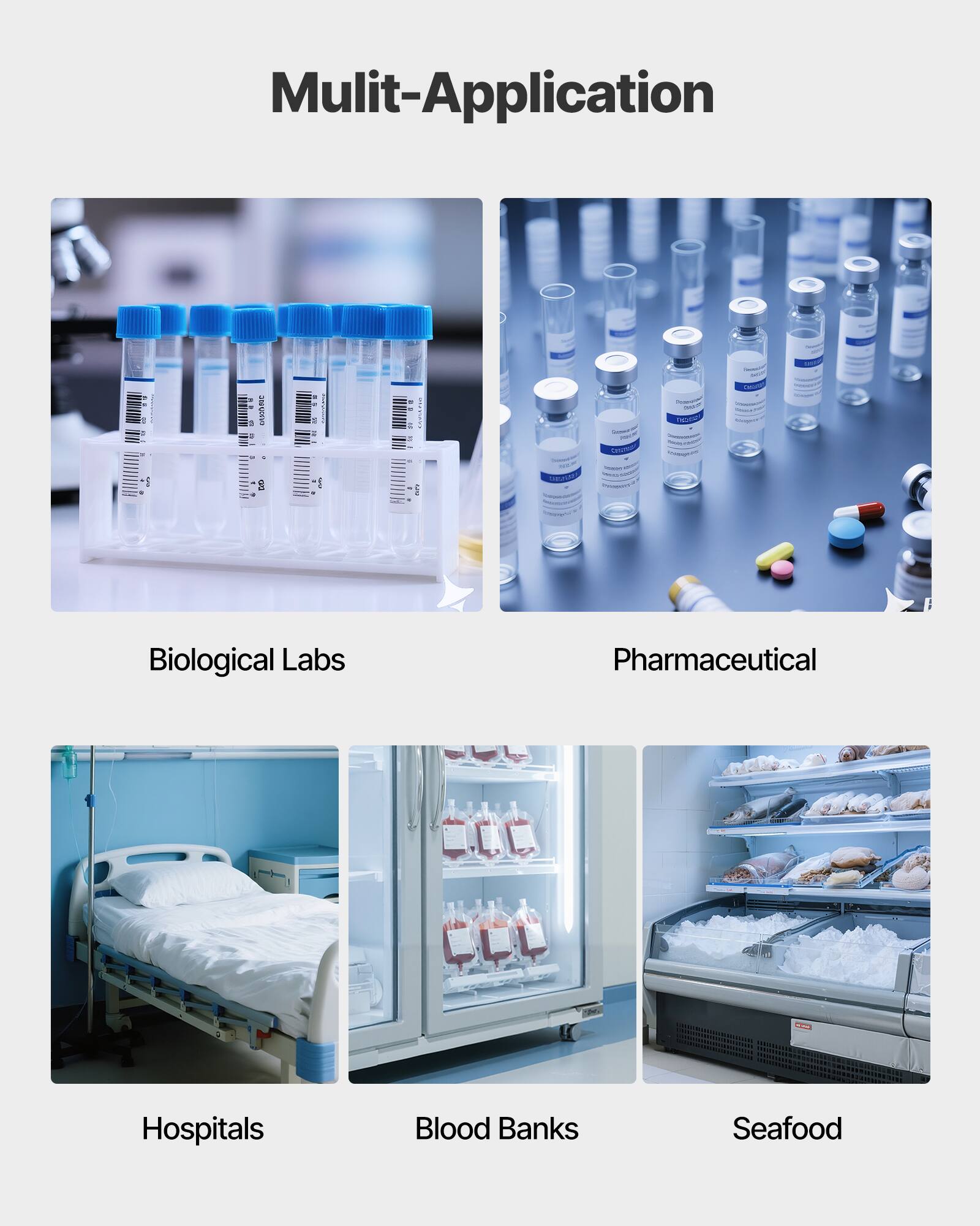 Mulit-Application

- Biological Labs
- Pharmaceutical
- Hospitals
- Blood Banks
- Seafood