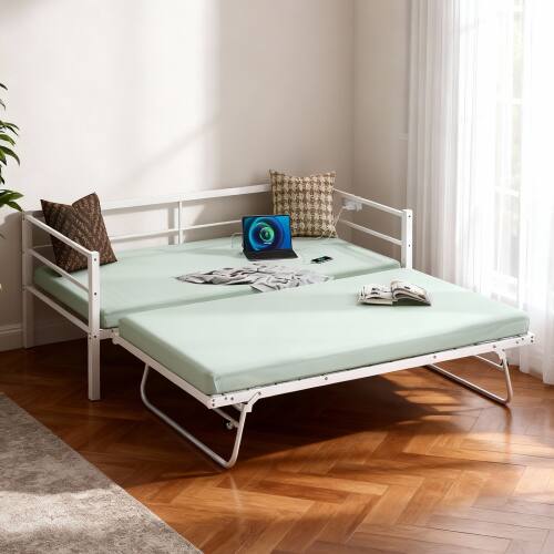 Alt View 3. Winado - Twin Size Metal Daybed with Pop Up Trundle Twin Day Bed Sofa Platform Bed with LED Lights and Charging Station - White.