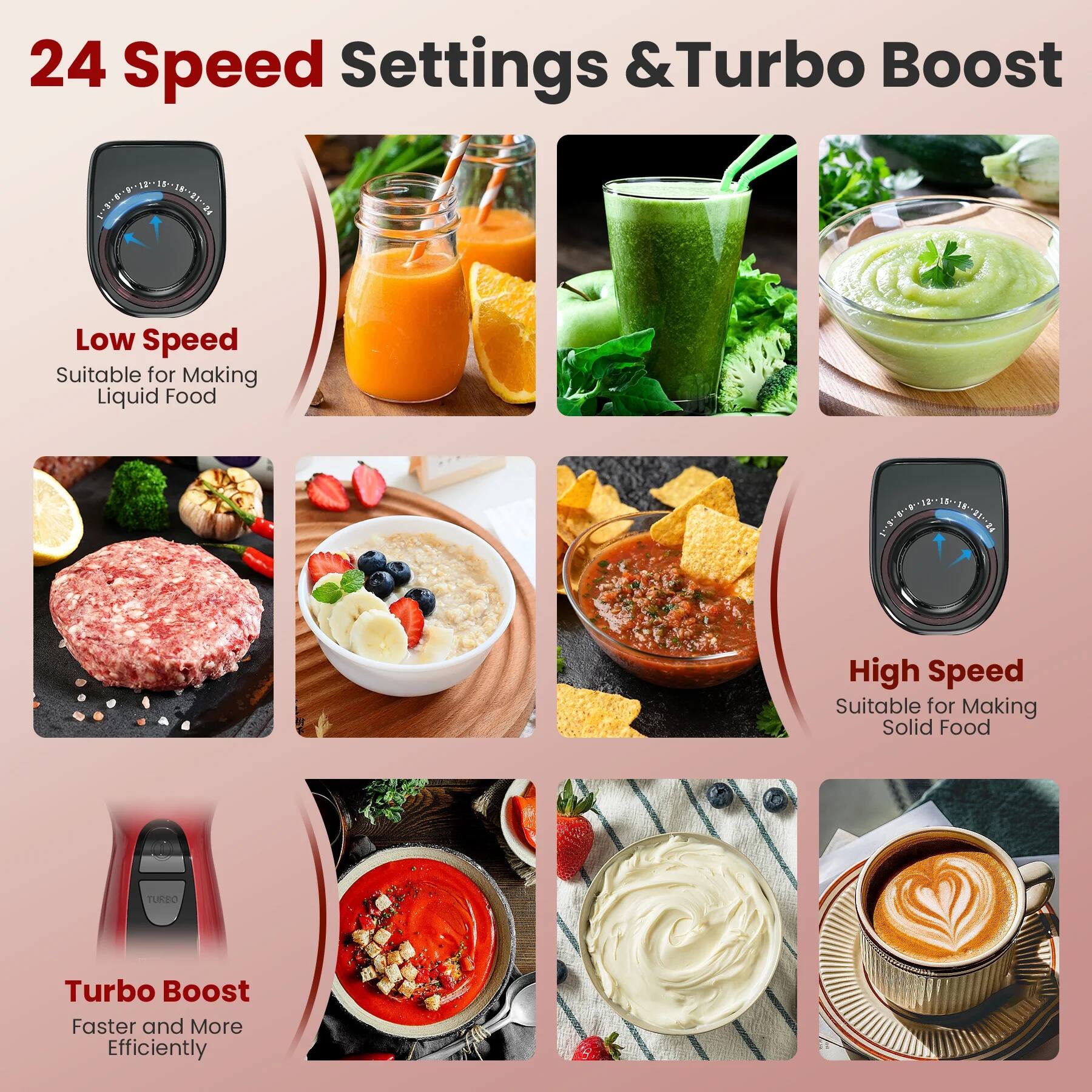 24 Speed Settings & Turbo Boost

Low Speed
Suitable for Making Liquid Food

High Speed
Suitable for Making Solid Food

Turbo Boost
Faster and More Efficiently