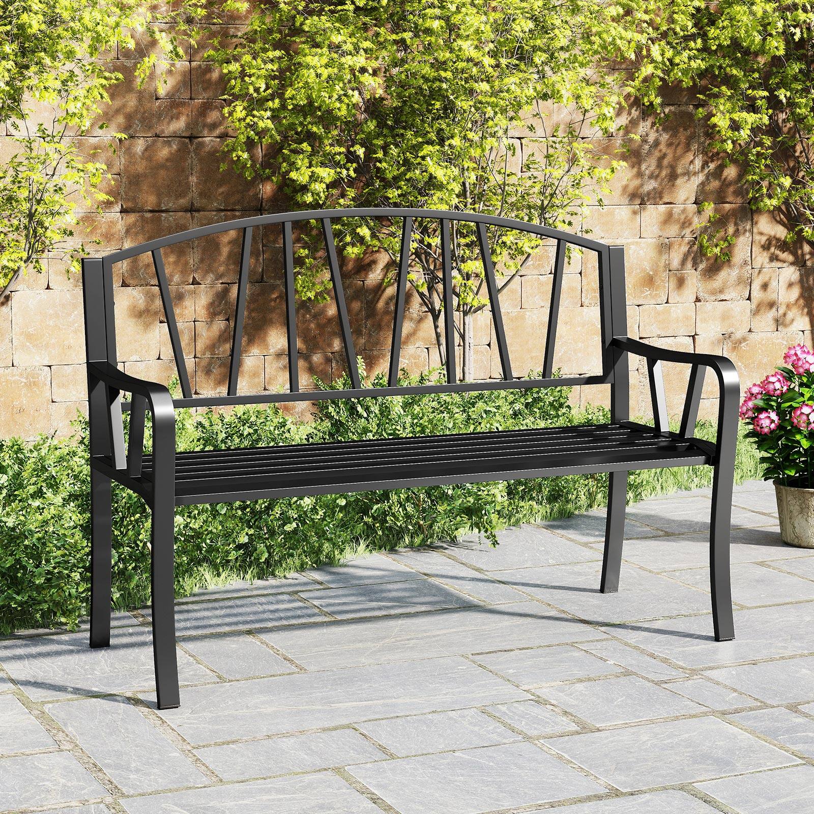 Alt View 4. Gymax - Gymax 51'' Metal Garden Bench Patio Slatted Bench for 2-3 People & Park-Style Loveseat - Black.