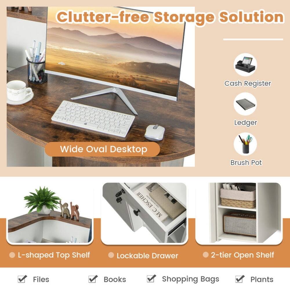 Clutter-free Storage Solution

- Wide Oval Desktop
- Cash Register
- Ledger
- Brush Pot

- L-shaped Top Shelf
- Lockable Drawer
- 2-tier Open Shelf

- Files
- Books
- Shopping Bags
- Plants
