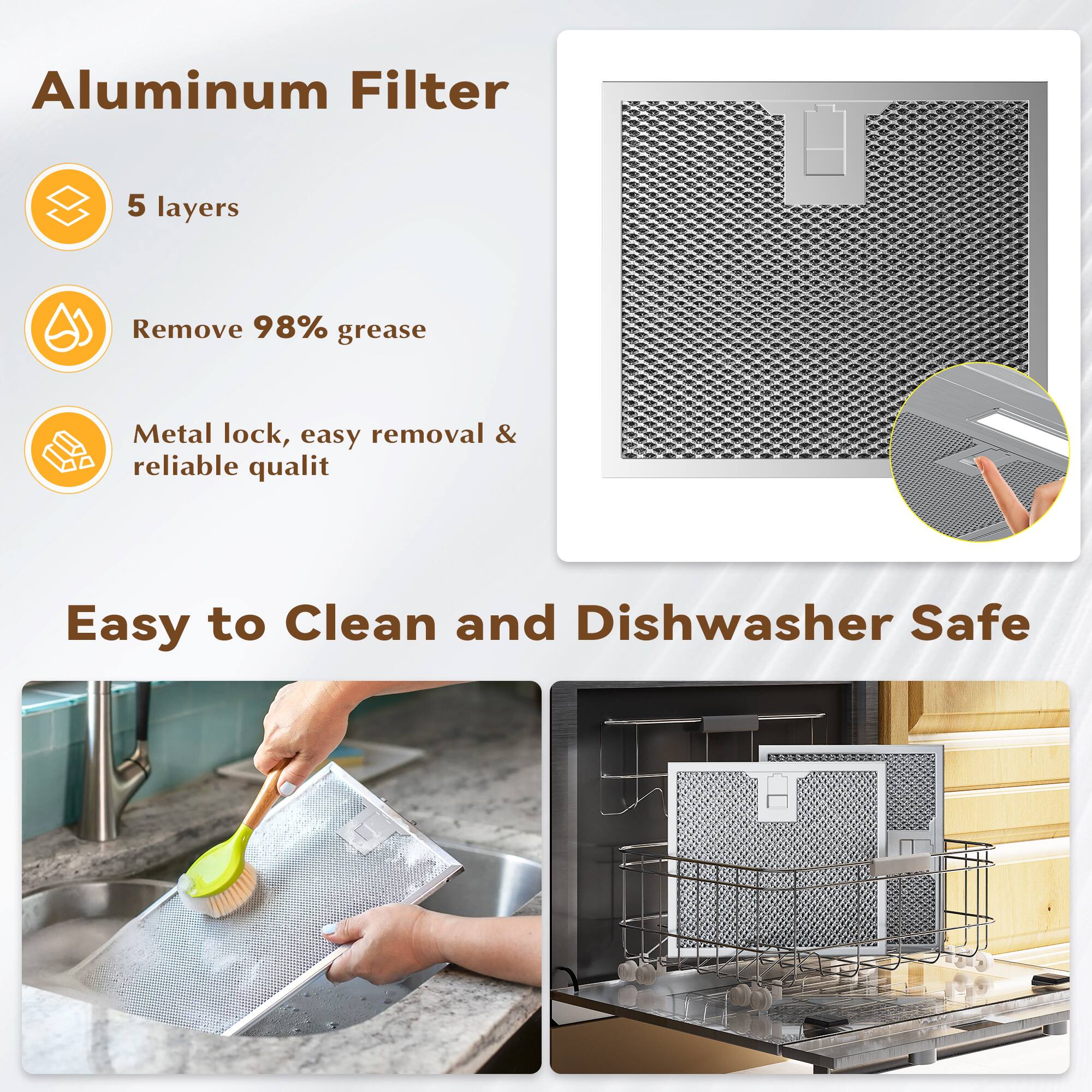 Aluminum Filter
5 layers
Remove 98% grease
Metal lock, easy removal & reliable qualit
Easy to Clean and Dishwasher Safe