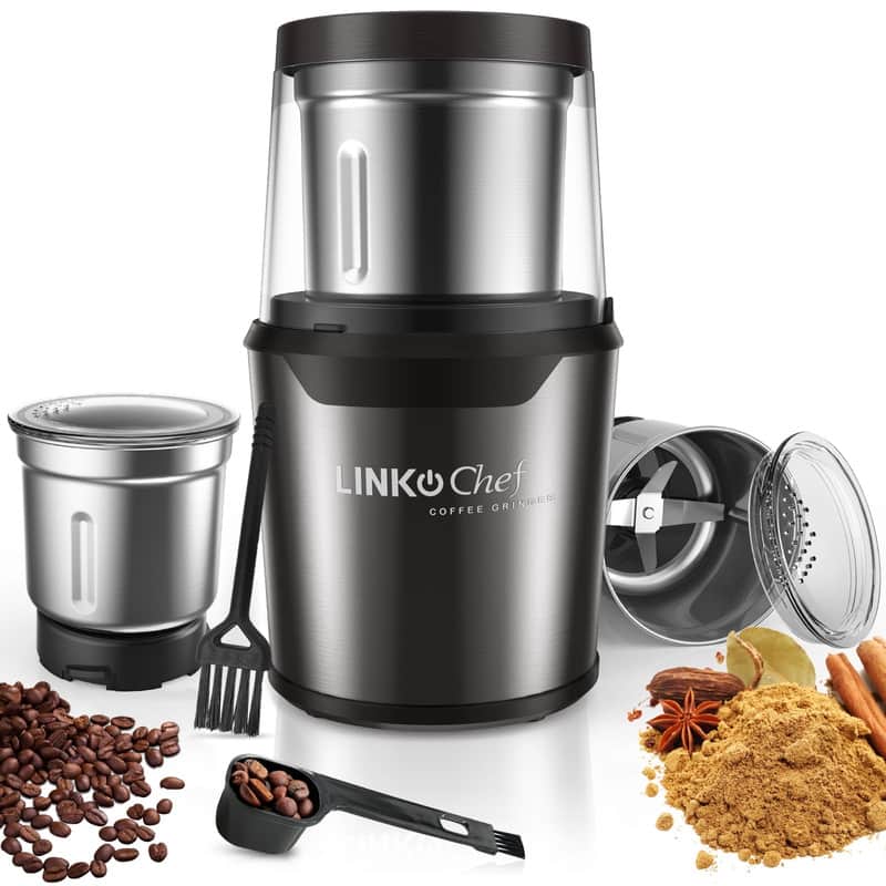 LINKChef - 6.76 oz. Coffee Grinder with Detachable Bowl & 304 Stainless Steel Blade - Black Stainless Steel