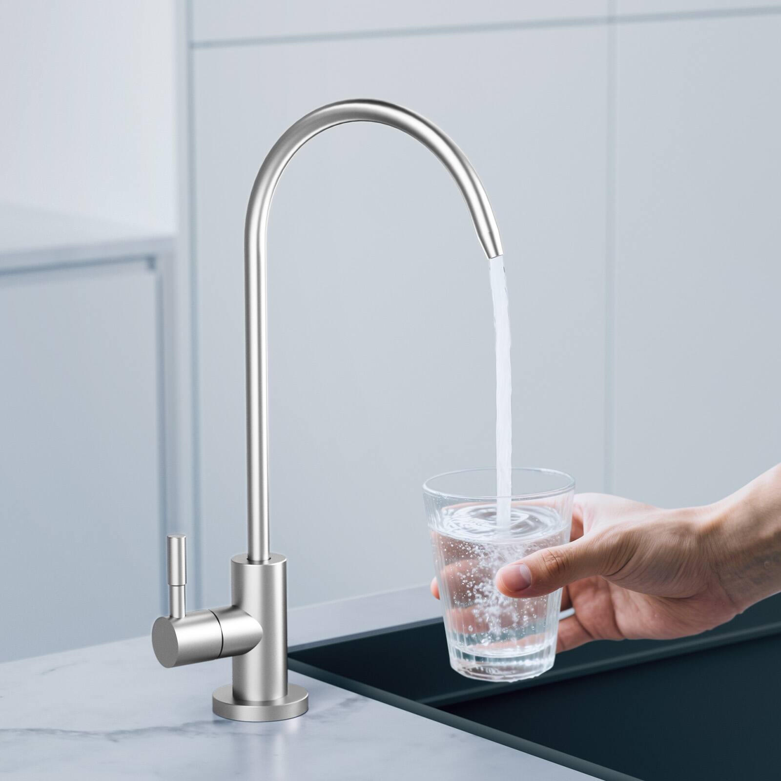 Left. Hydrofast - U01 Drinking Water Filter Faucet, 90° Swivel Handle, Stainless Steel, Easy Installation for Kitchen/Sink/Countertops - Matte Silver.