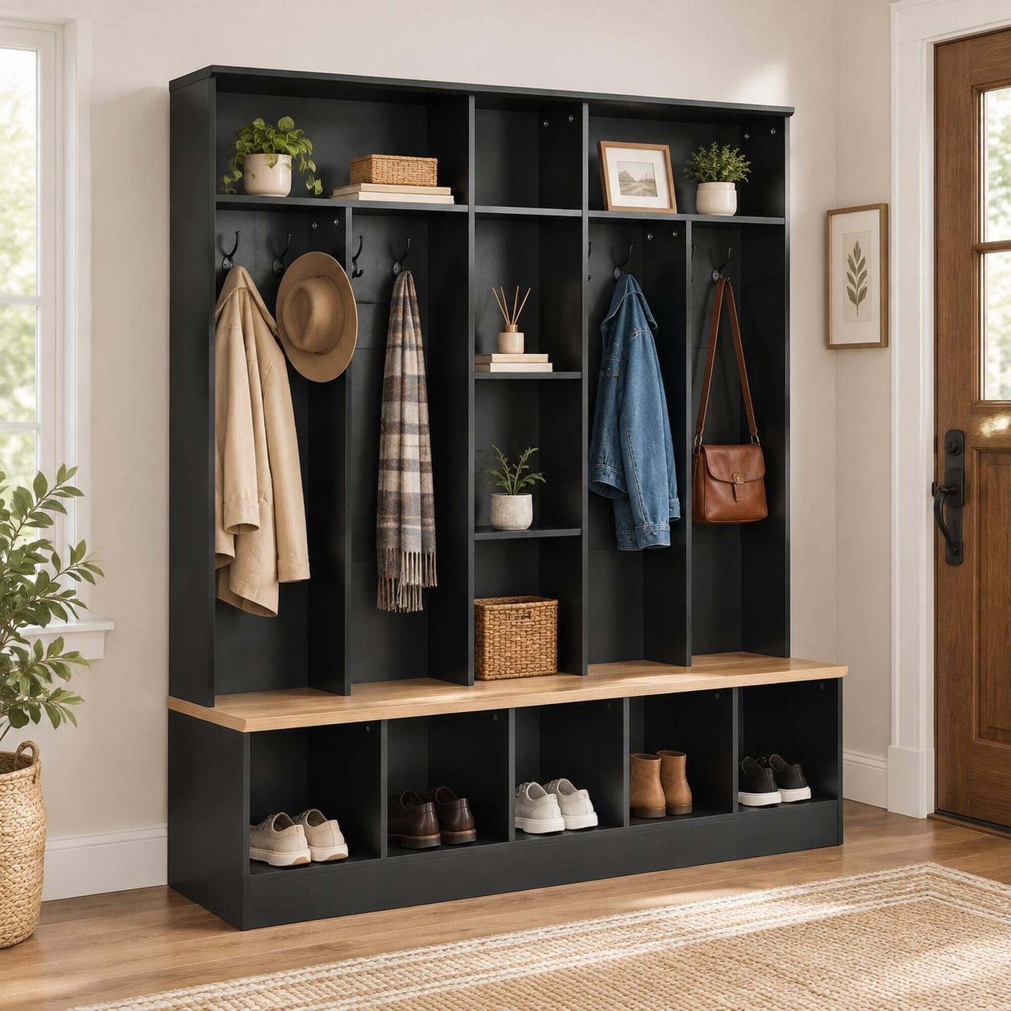 Back. RYHNUYNE - ON-TREND Wide Hall Tree, Storage Bench, Shoe Cabinet, 8 Hooks, 66.9 in, Black, for Entryway - Black.