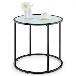 Gymax - Glass End Table 20'' Round Side Table w/ Metal Frame & Faux Marble Glass Top - Black, White
