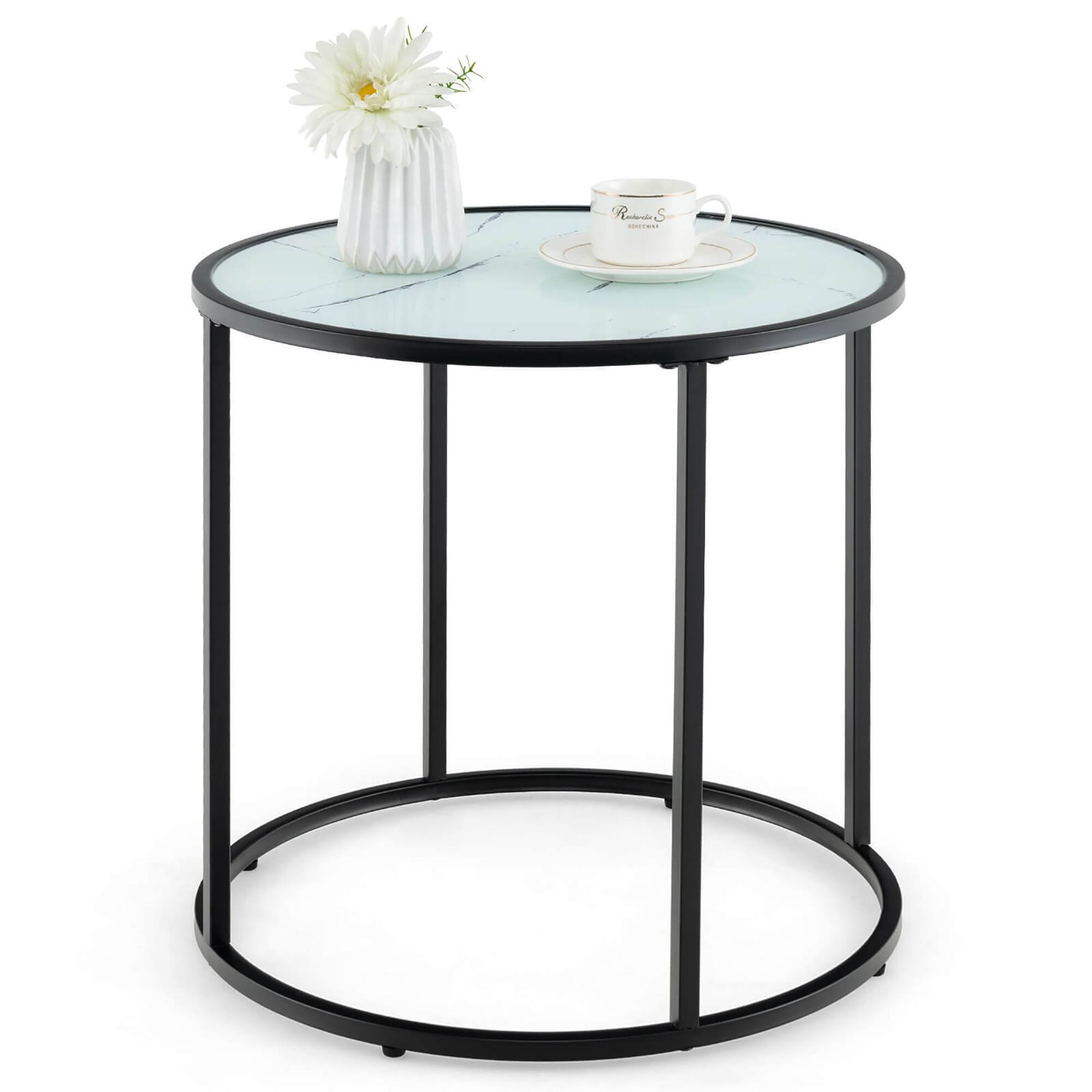 Front. Gymax - Gymax Glass End Table 20'' Round Side Table w/ Metal Frame & Faux Marble Glass Top - Black, White.
