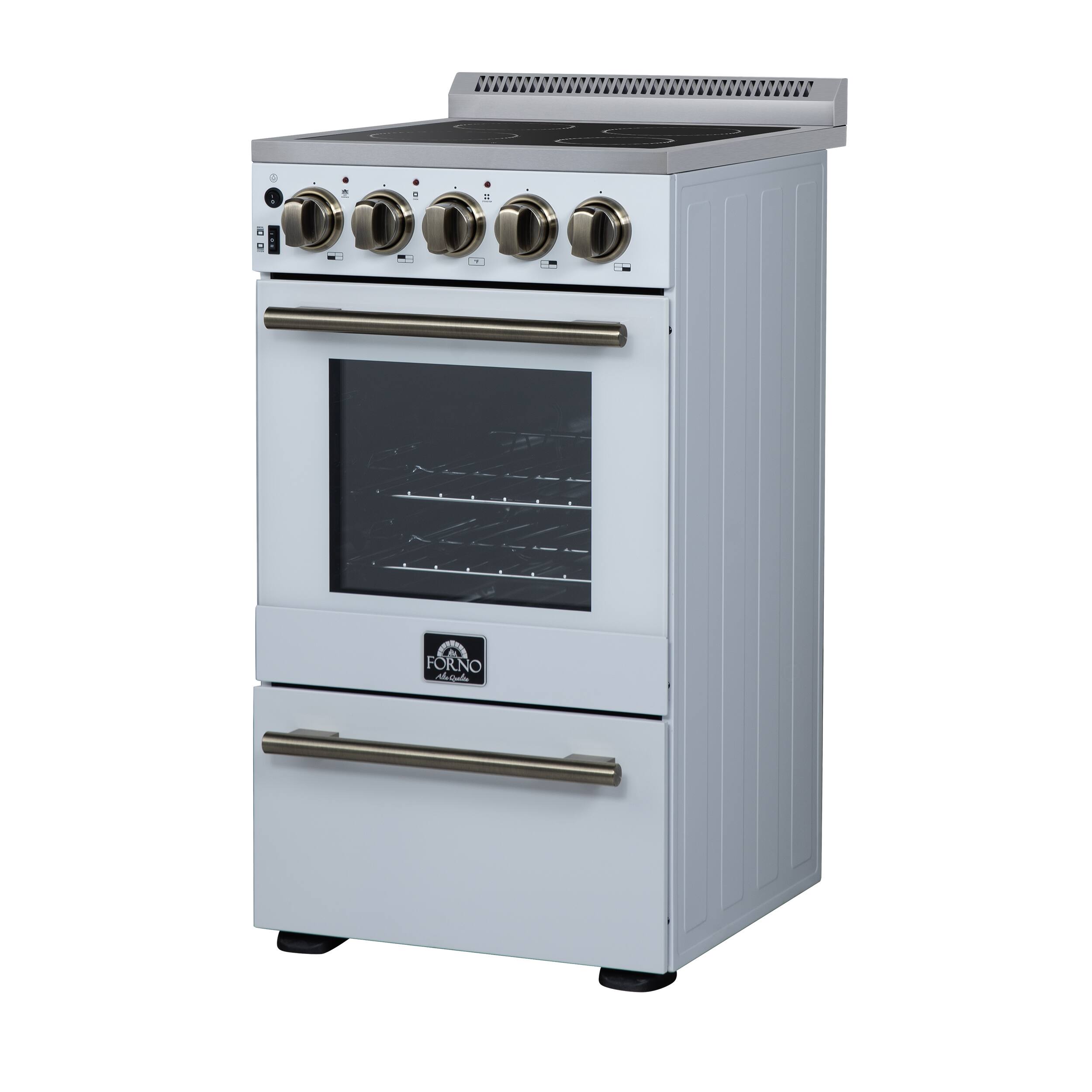 Angle. Forno Appliances - Pallerano 2.05 Cu. Ft. Freestanding Electric Range with Antique Brass Accessories - White.