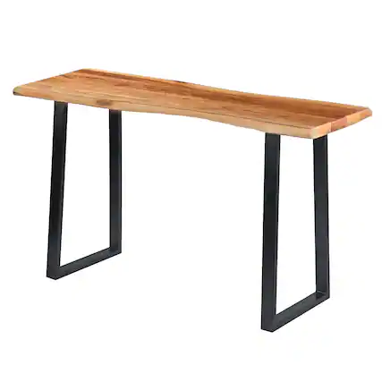 Front. Manhattan Lane - Industrial Wooden Live Edge Desk with Metal Sled Leg Support - Brown and Black.