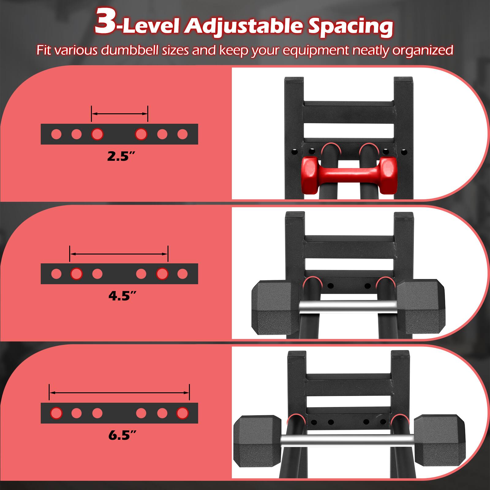 3-Level Adjustable Spacing  
Fit various dumbbell sizes and keep your equipment neatly organized  
2.5"  
4.5"  
6.5"