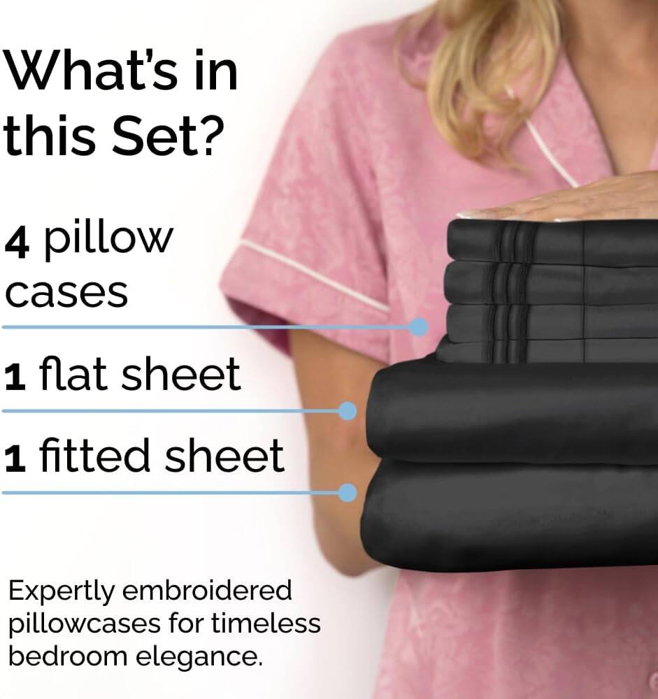 What's in this Set?  
4 pillow cases  
1 flat sheet  
1 fitted sheet  

Expertly embroidered pillowcases for timeless bedroom elegance.