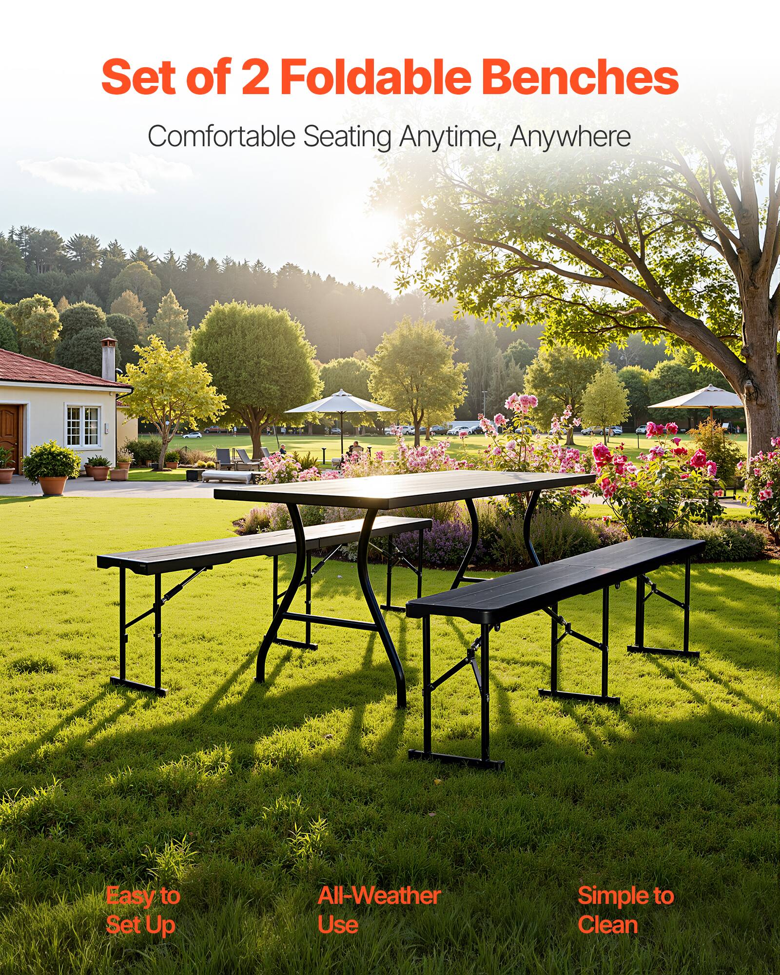 Set of 2 Foldable Benches  
Comfortable Seating Anytime, Anywhere  

Easy to Set Up  
All-Weather Use  
Simple to Clean