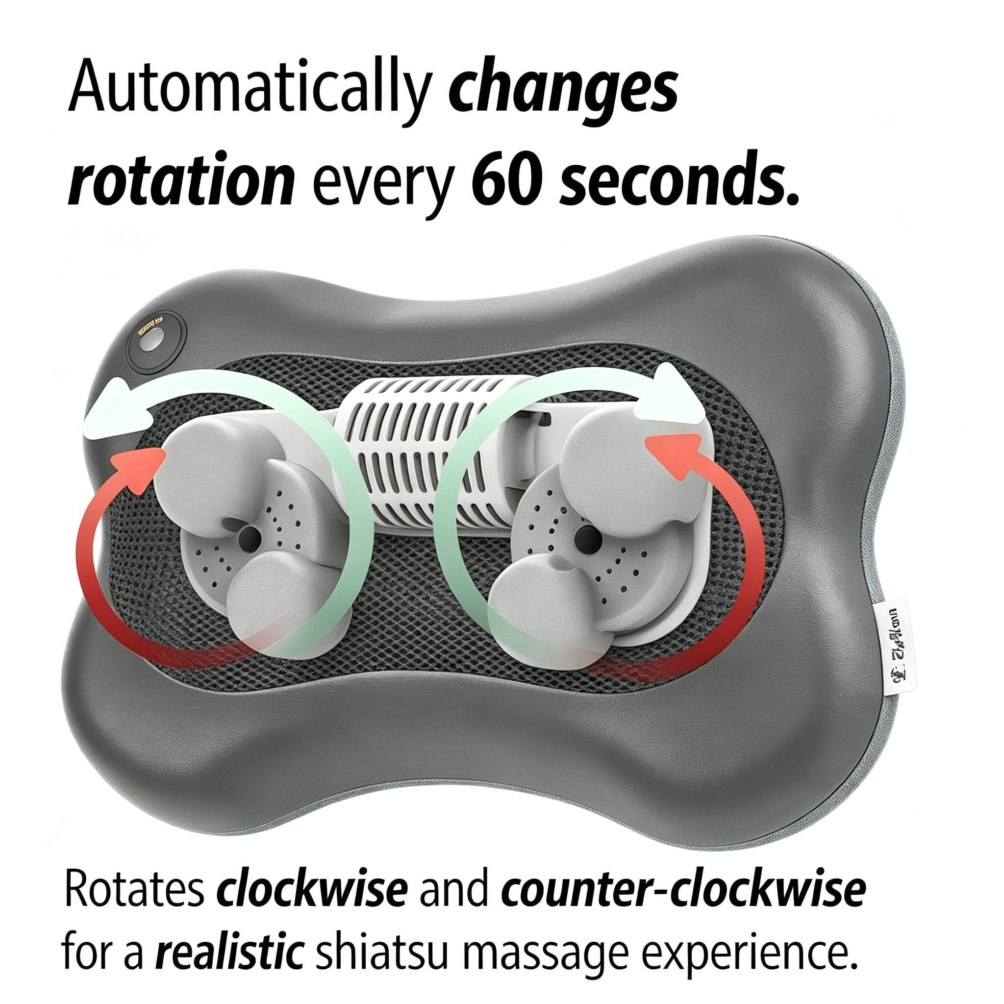 Automatically changes rotation every 60 seconds.

Rotates clockwise and counter-clockwise for a realistic shiatsu massage experience.