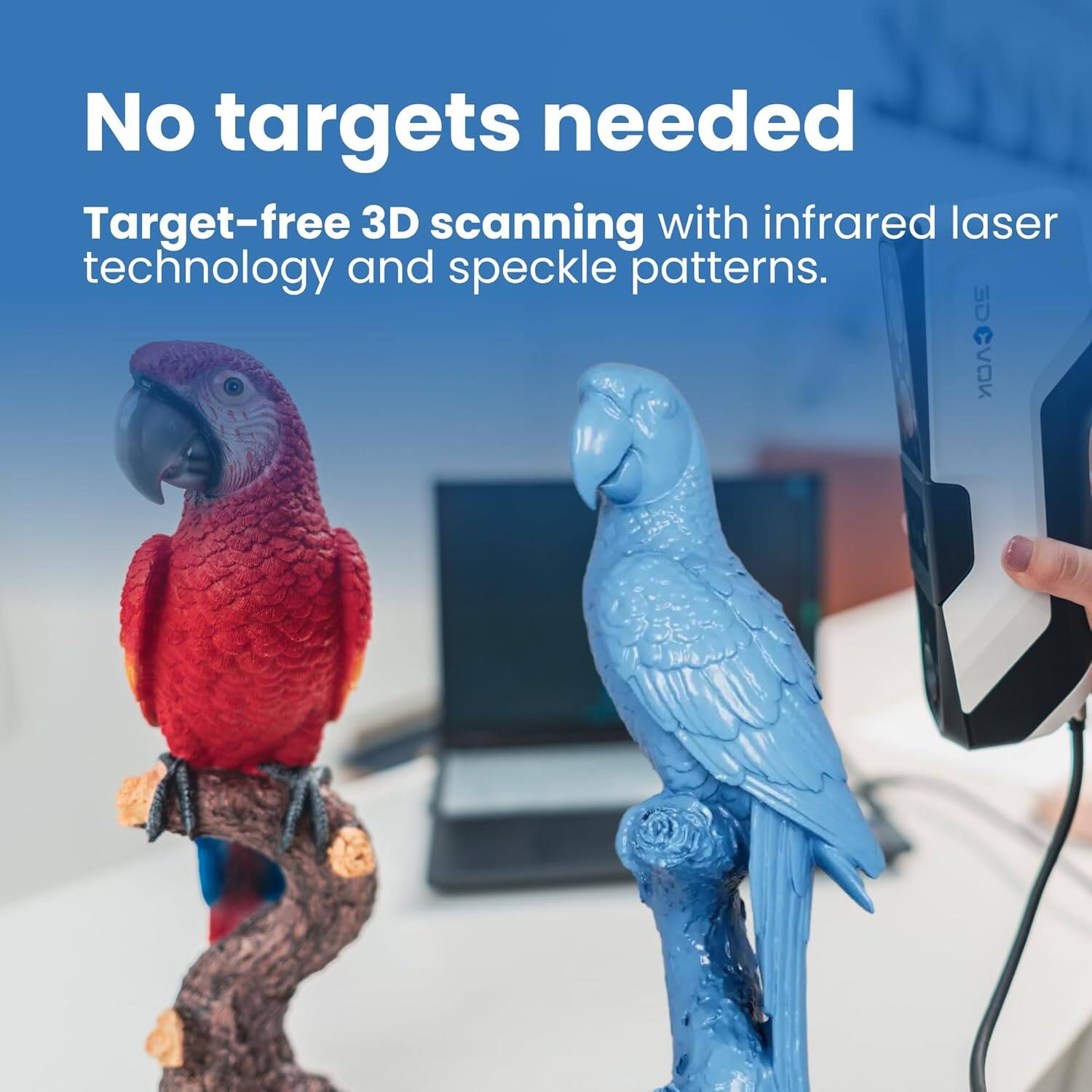No targets needed
Target-free 3D scanning with infrared laser technology and speckle patterns.